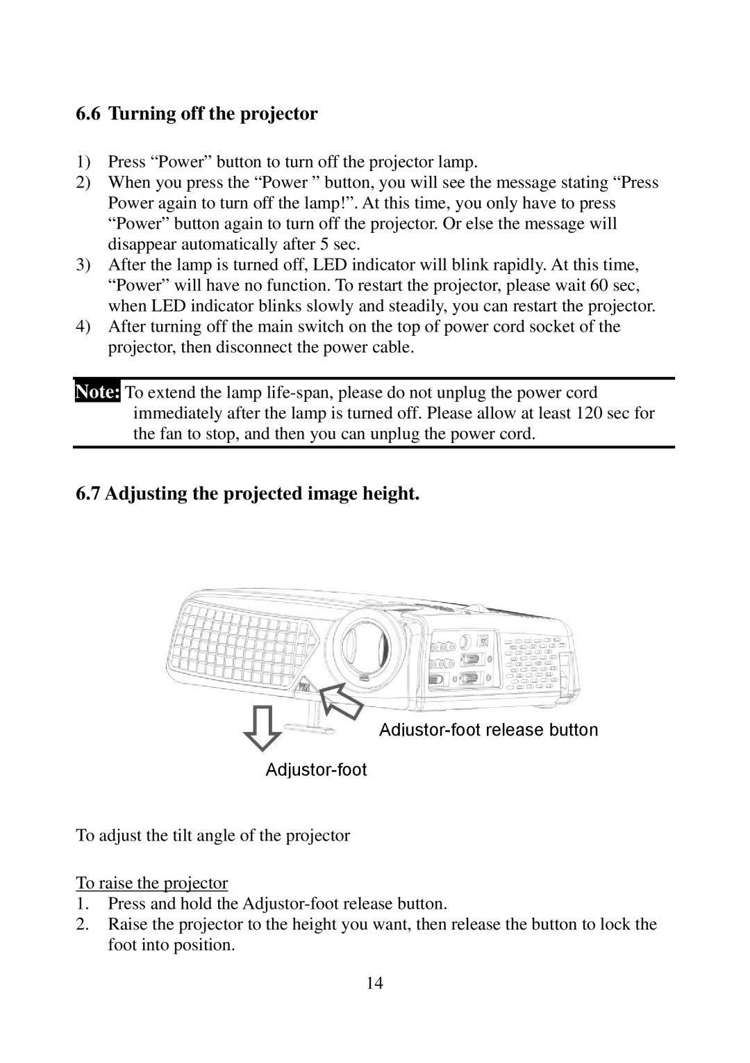 Eiki EIP-25 manual Turning off the projector, Adjusting the projected image height 