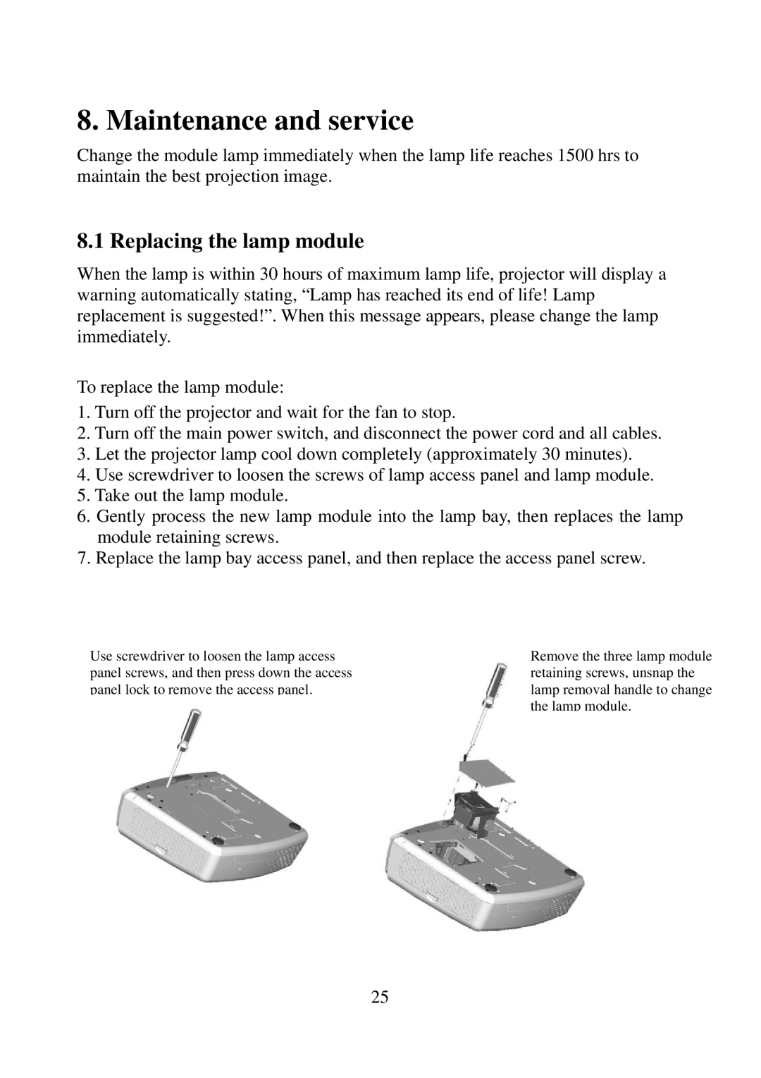 Eiki EIP-25 manual Maintenance and service, Replacing the lamp module 