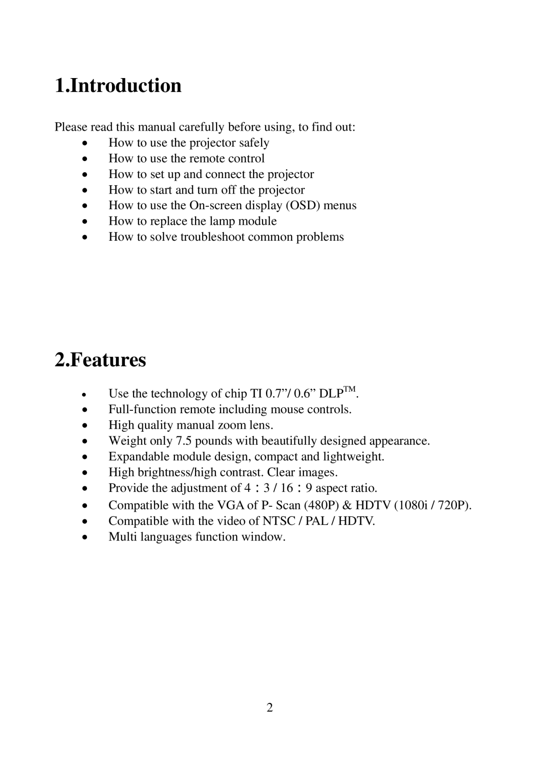 Eiki EIP-25 manual Introduction, Features 