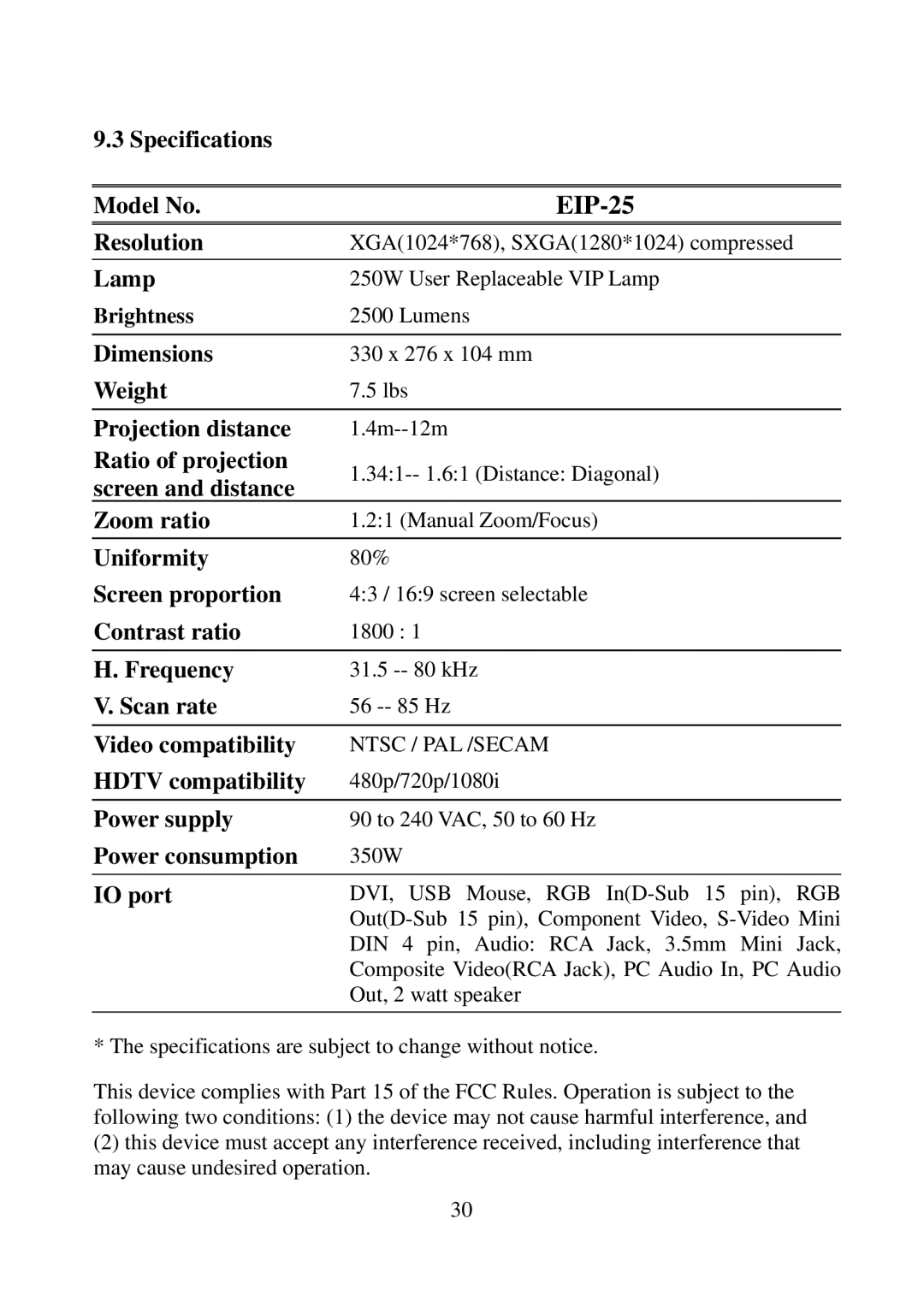 Eiki EIP-25 manual Specifications Model No, Resolution, Lamp, Dimensions, Weight, Projection distance, Ratio of projection 