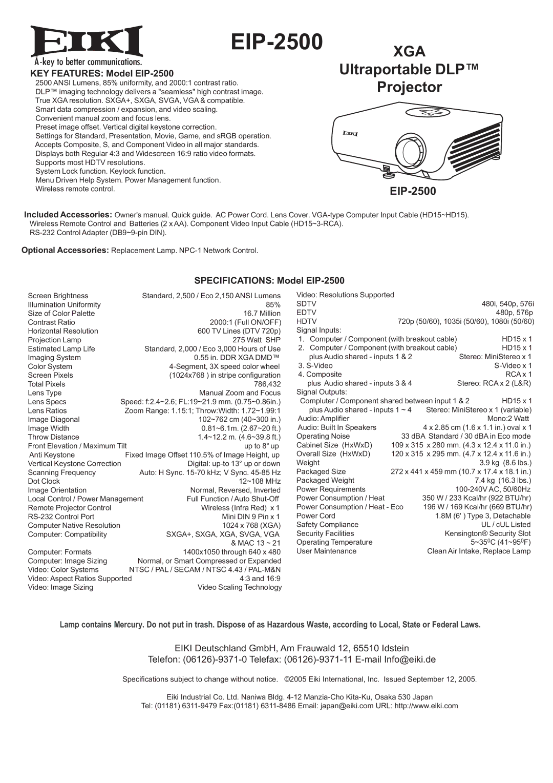 Eiki EIP-2500 specifications Xga, Ultraportable DLP Projector 