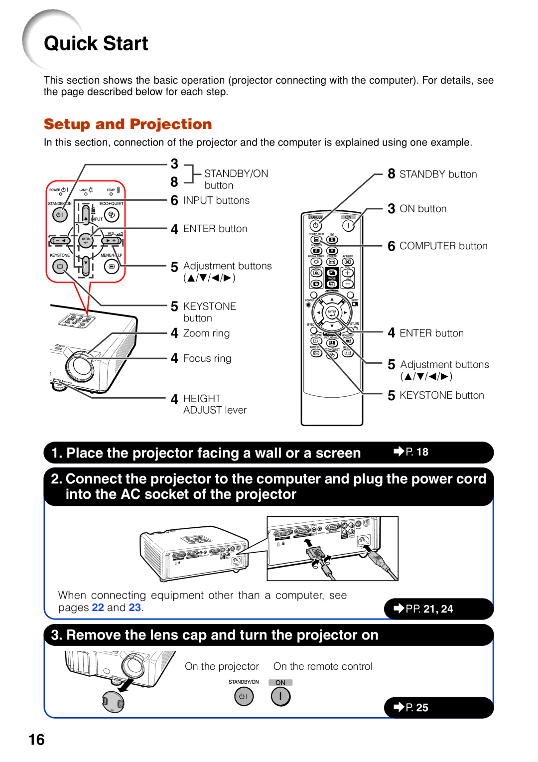 Eiki EIP-2600, EIP-250 Quick Start, Setup and Projection, When connecting equipment other than a computer, see, Pages 22 