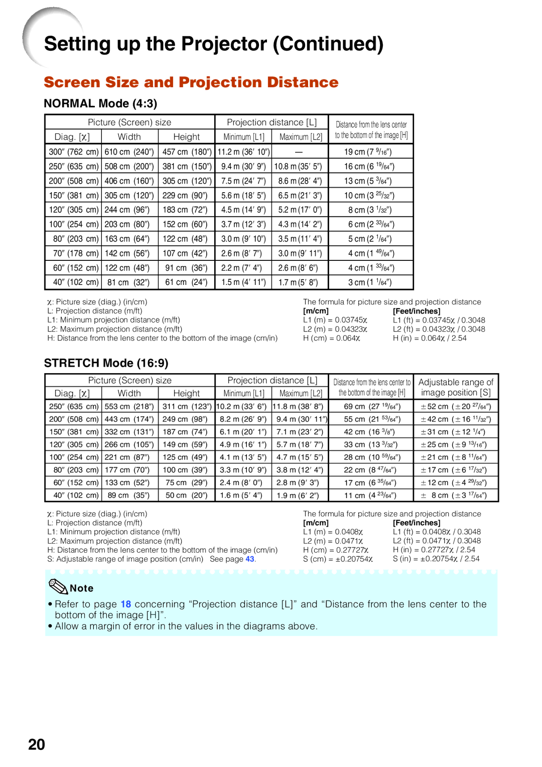 Eiki EIP-2600, EIP-250 quick start Screen Size and Projection Distance, Normal Mode, Stretch Mode 