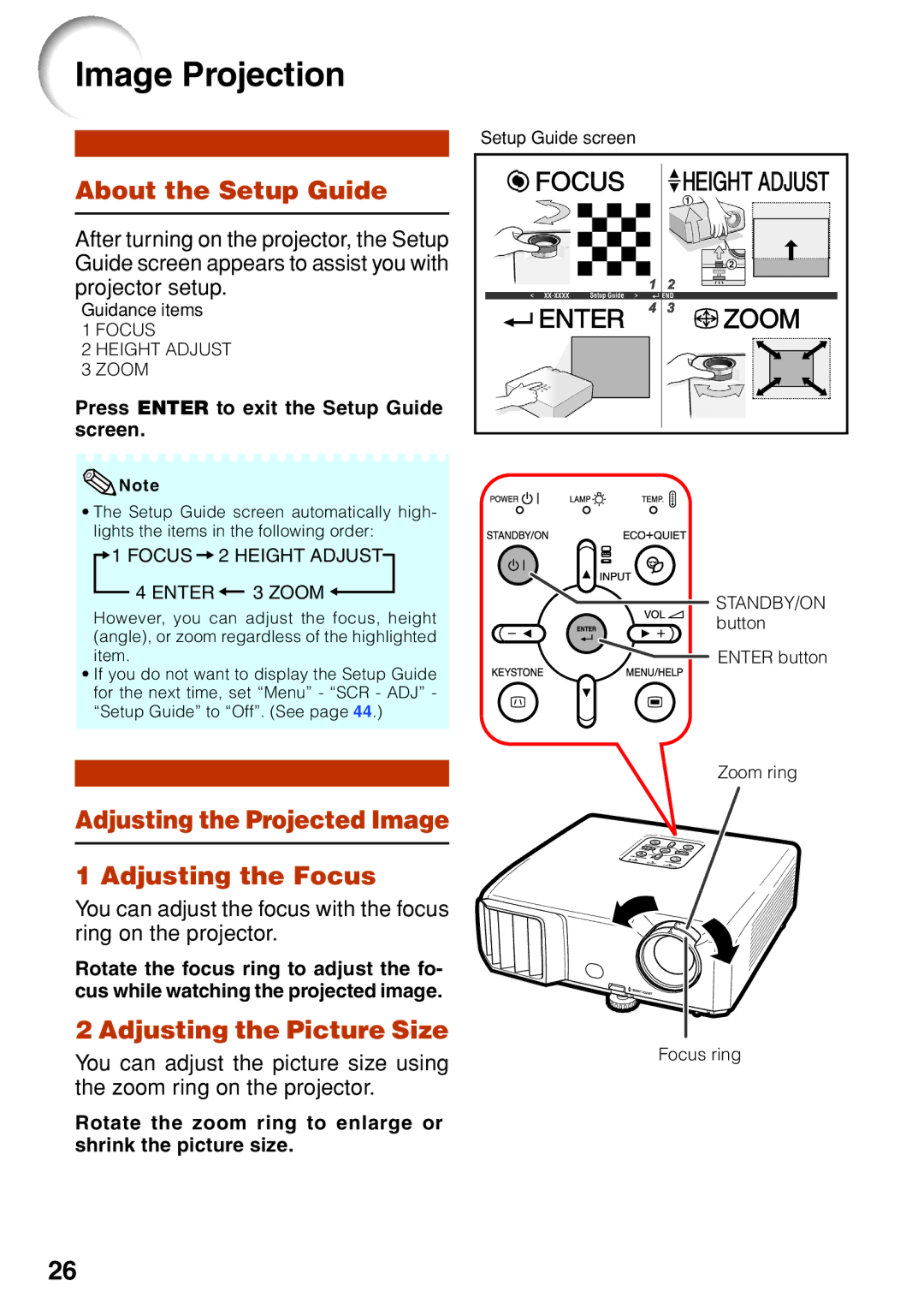 Eiki EIP-2600, EIP-250 Image Projection, About the Setup Guide, Adjusting the Projected Image Adjusting the Focus 