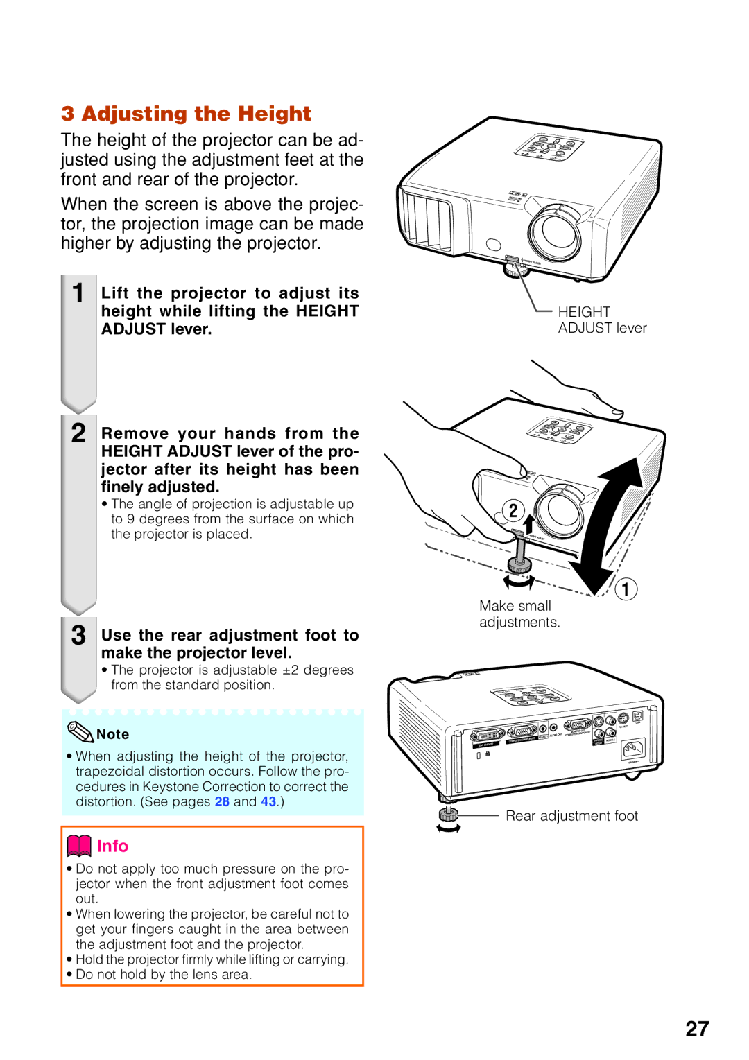 Eiki EIP-250, EIP-2600 quick start Adjusting the Height, Use the rear adjustment foot to make the projector level 