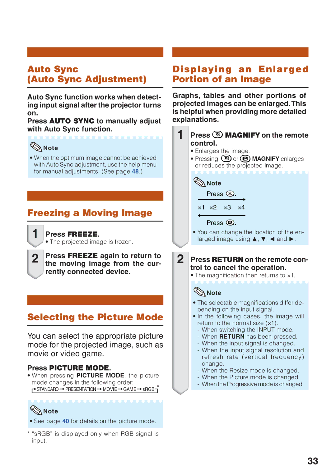 Eiki EIP-250, EIP-2600 quick start Auto Sync Auto Sync Adjustment, Freezing a Moving Image, Selecting the Picture Mode 