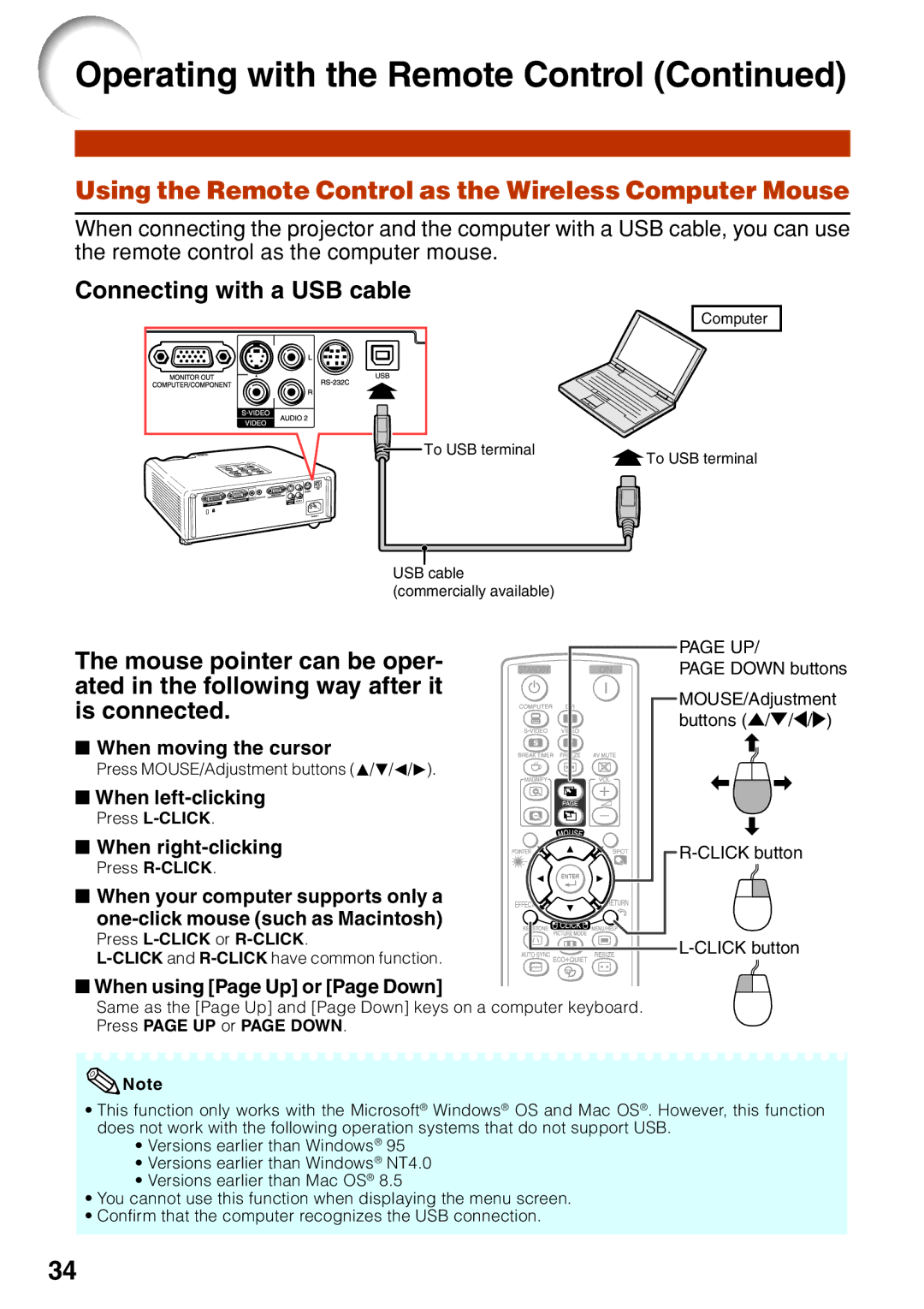 Eiki EIP-2600, EIP-250 Using the Remote Control as the Wireless Computer Mouse, When moving the cursor, When left-clicking 