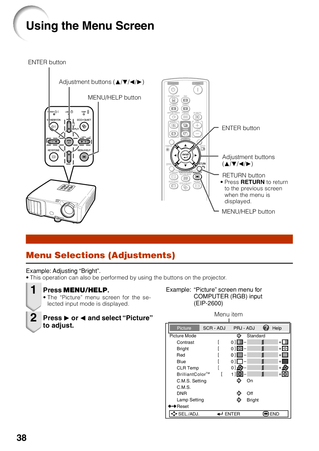 Eiki EIP-2600 Using the Menu Screen, Menu Selections Adjustments, Press MENU/HELP, Press Qor Oand select Picture to adjust 