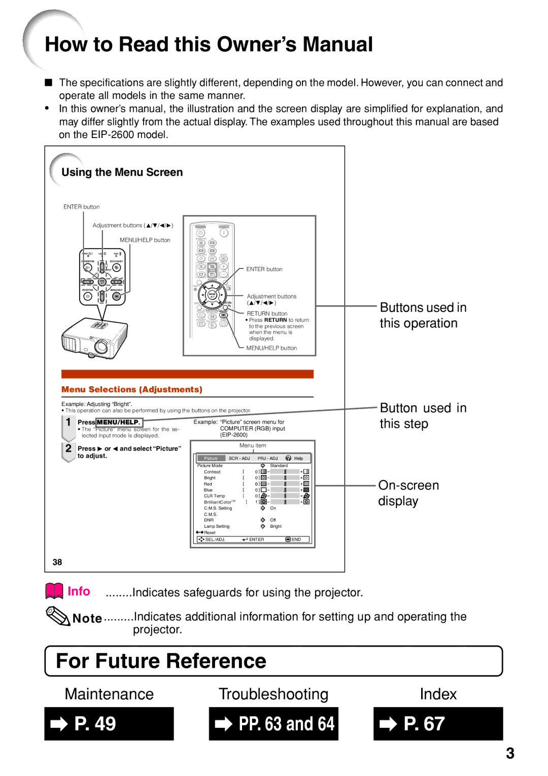 Eiki EIP-250, EIP-2600 quick start For Future Reference, Maintenance Troubleshooting Index 