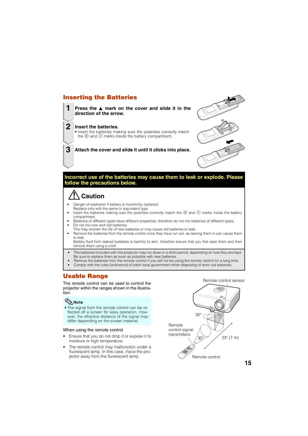 Eiki EIP-3000N owner manual Inserting the Batteries, Usable Range, Attach the cover and slide it until it clicks into place 