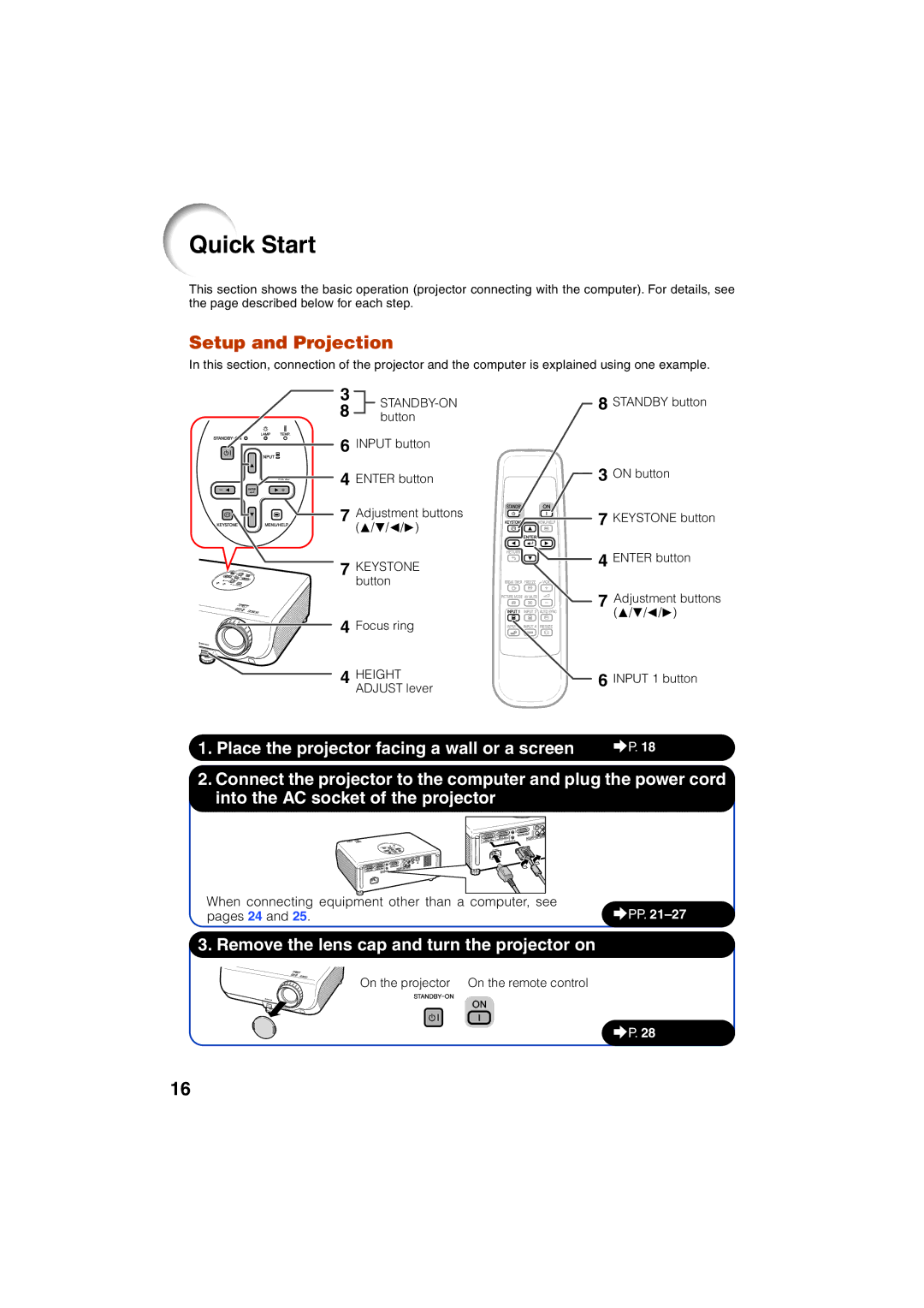 Eiki EIP-3000N owner manual Quick Start, Setup and Projection, Standby-On 