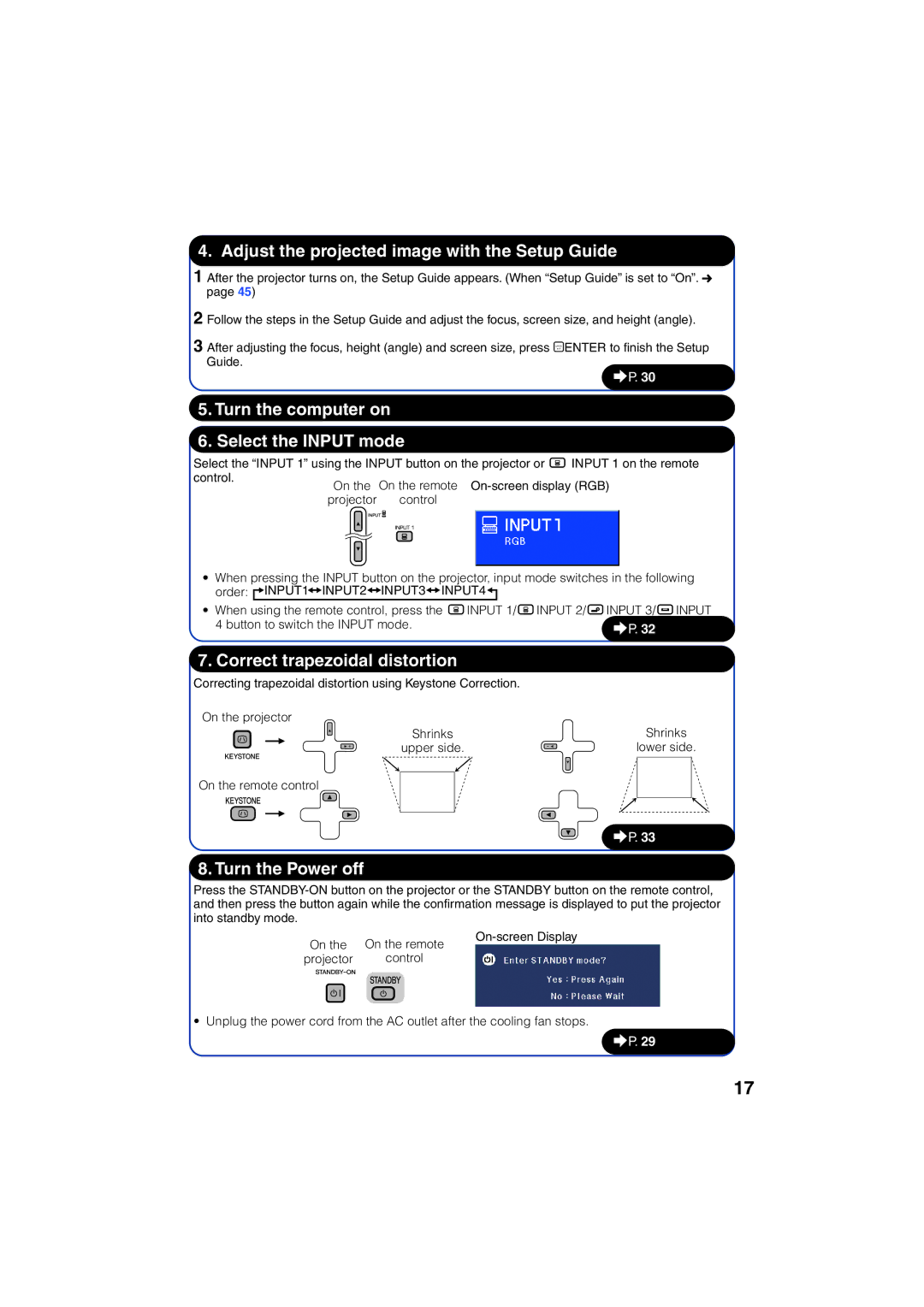 Eiki EIP-3000N owner manual Adjust the projected image with the Setup Guide, Upper side 