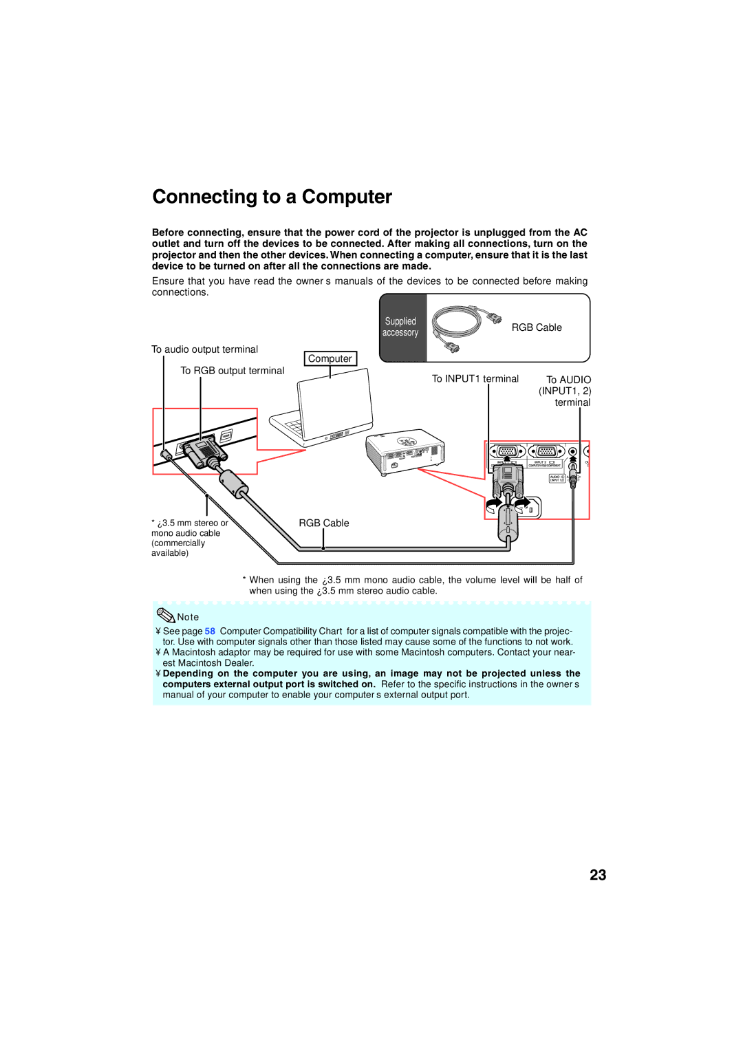 Eiki EIP-3000N owner manual Connecting to a Computer, To audio output terminal To RGB output terminal 