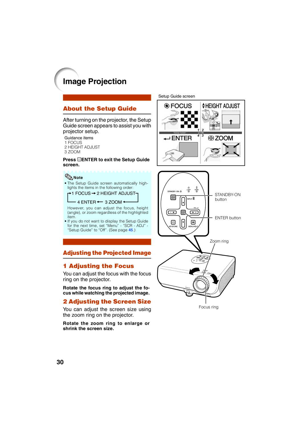 Eiki EIP-3000N owner manual Image Projection, About the Setup Guide, Adjusting the Projected Image Adjusting the Focus 