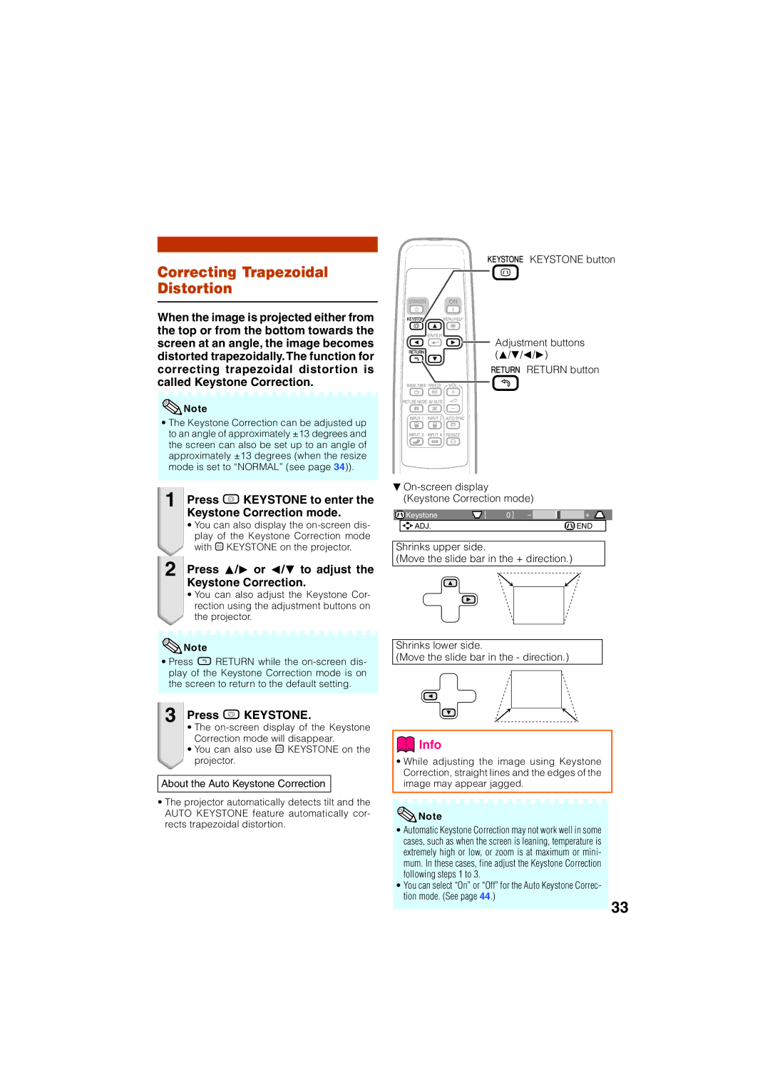 Eiki EIP-3000N owner manual Correcting Trapezoidal Distortion, Press g Keystone to enter Keystone Correction mode 