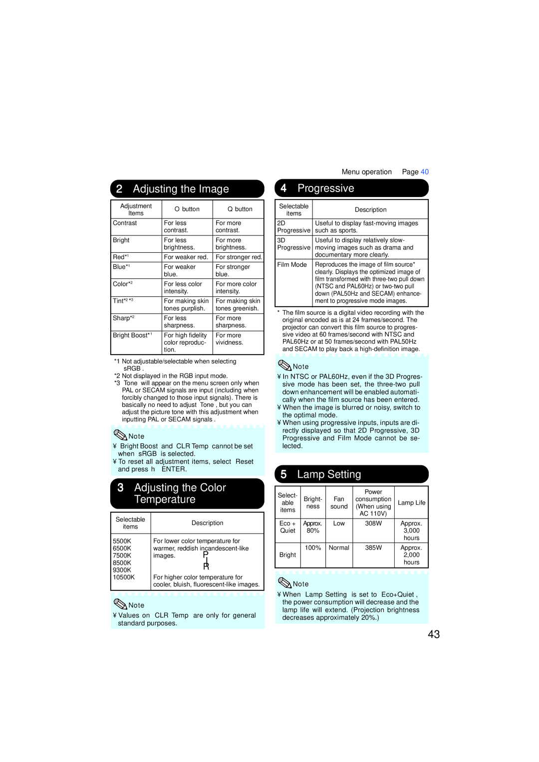 Eiki EIP-3000N 2Adjusting the Image, 3Adjusting the Color Temperature, Progressive, 5Lamp Setting, Menu operation n 