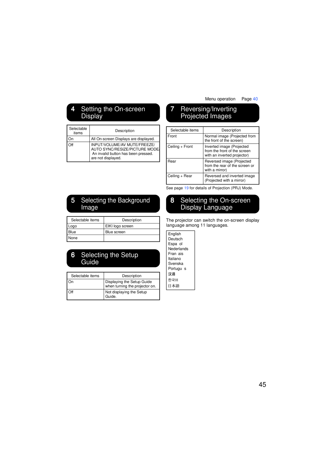 Eiki EIP-3000N 4Setting the On-screen Display, Reversing/Inverting Projected Images, 5Selecting the Background Image 