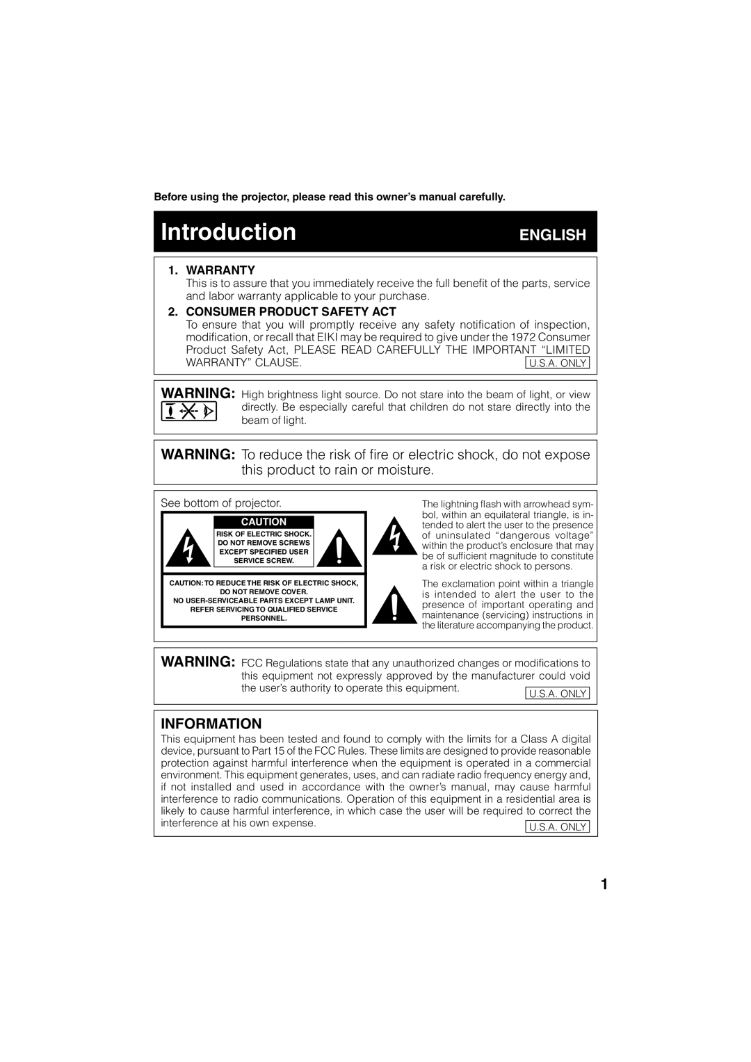 Eiki EIP-3000N owner manual Introduction, A. only 