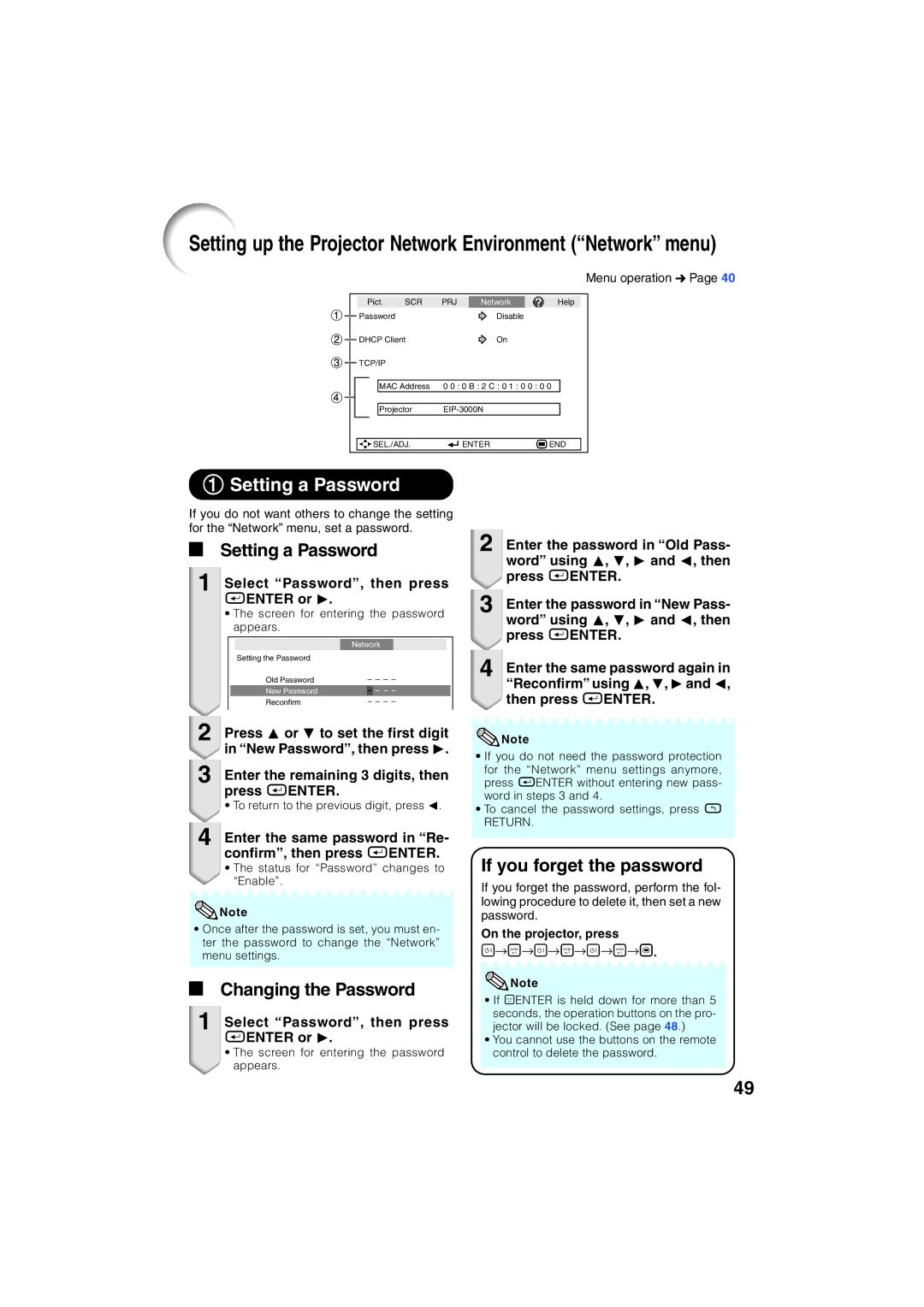 Eiki EIP-3000N owner manual 1Setting a Password 