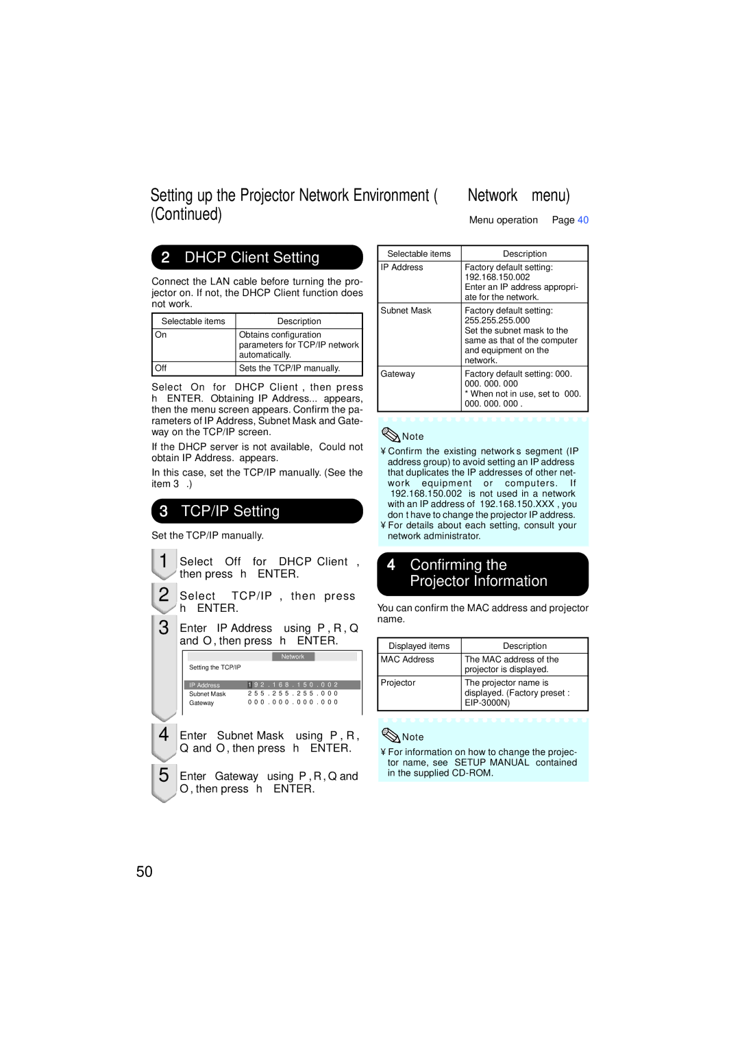 Eiki EIP-3000N 2DHCP Client Setting, 3TCP/IP Setting, 4Confirming the Projector Information, Set the TCP/IP manually 
