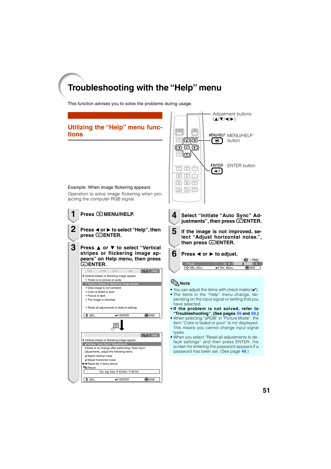 Eiki EIP-3000N Troubleshooting with the Help menu, Utilizing the Help menu func Tions, Press Oor Qto select Help, then 