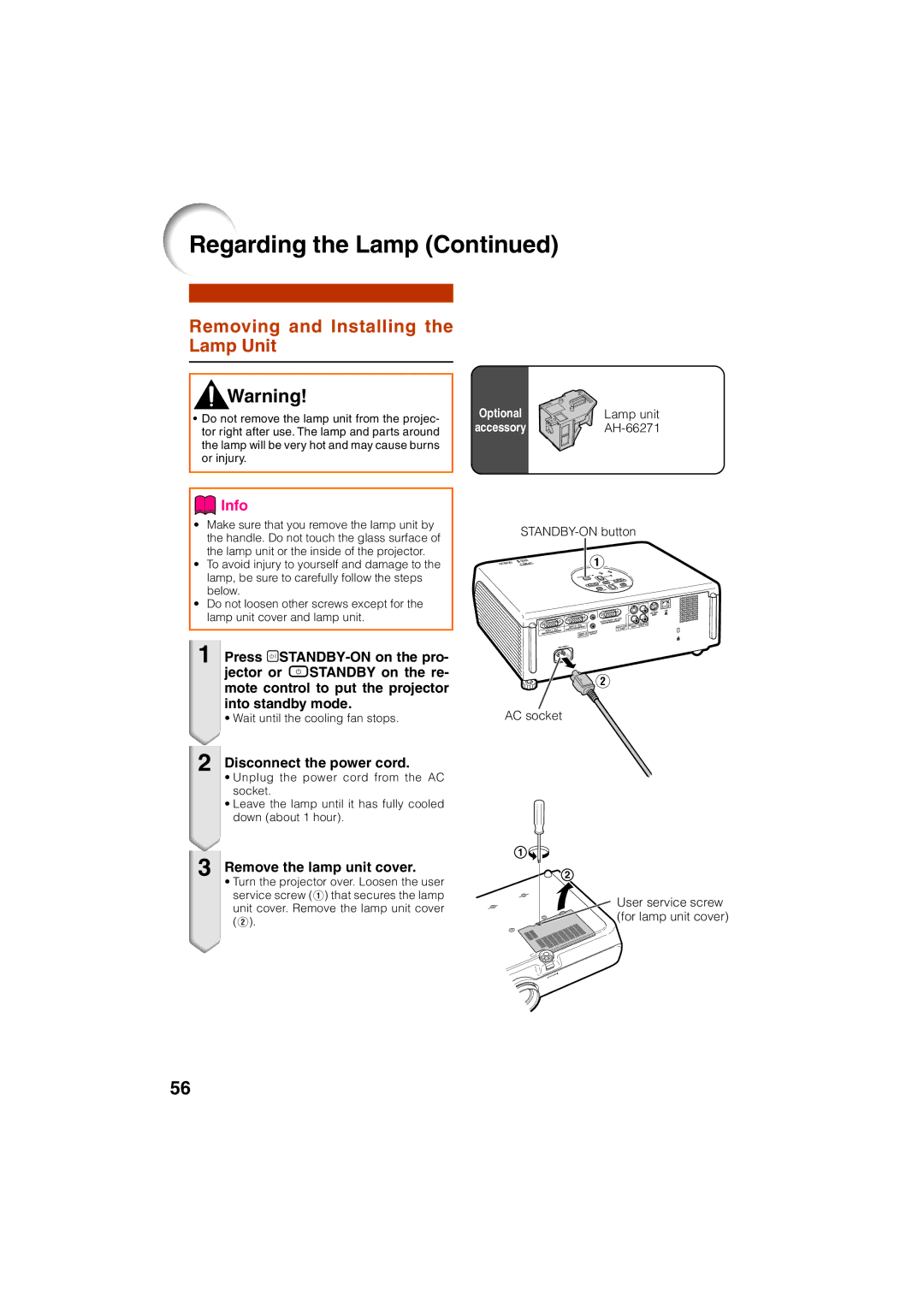 Eiki EIP-3000N owner manual Removing and Installing the Lamp Unit, Disconnect the power cord, Remove the lamp unit cover 