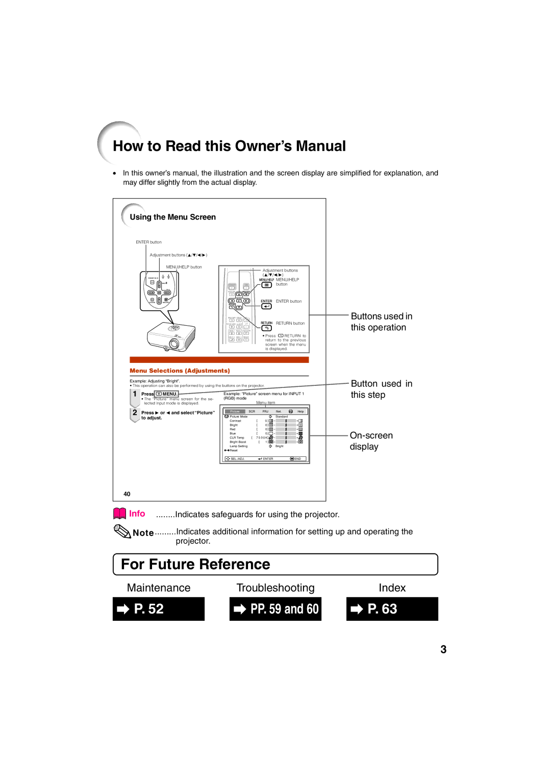 Eiki EIP-3000N owner manual For Future Reference, Using the Menu Screen 