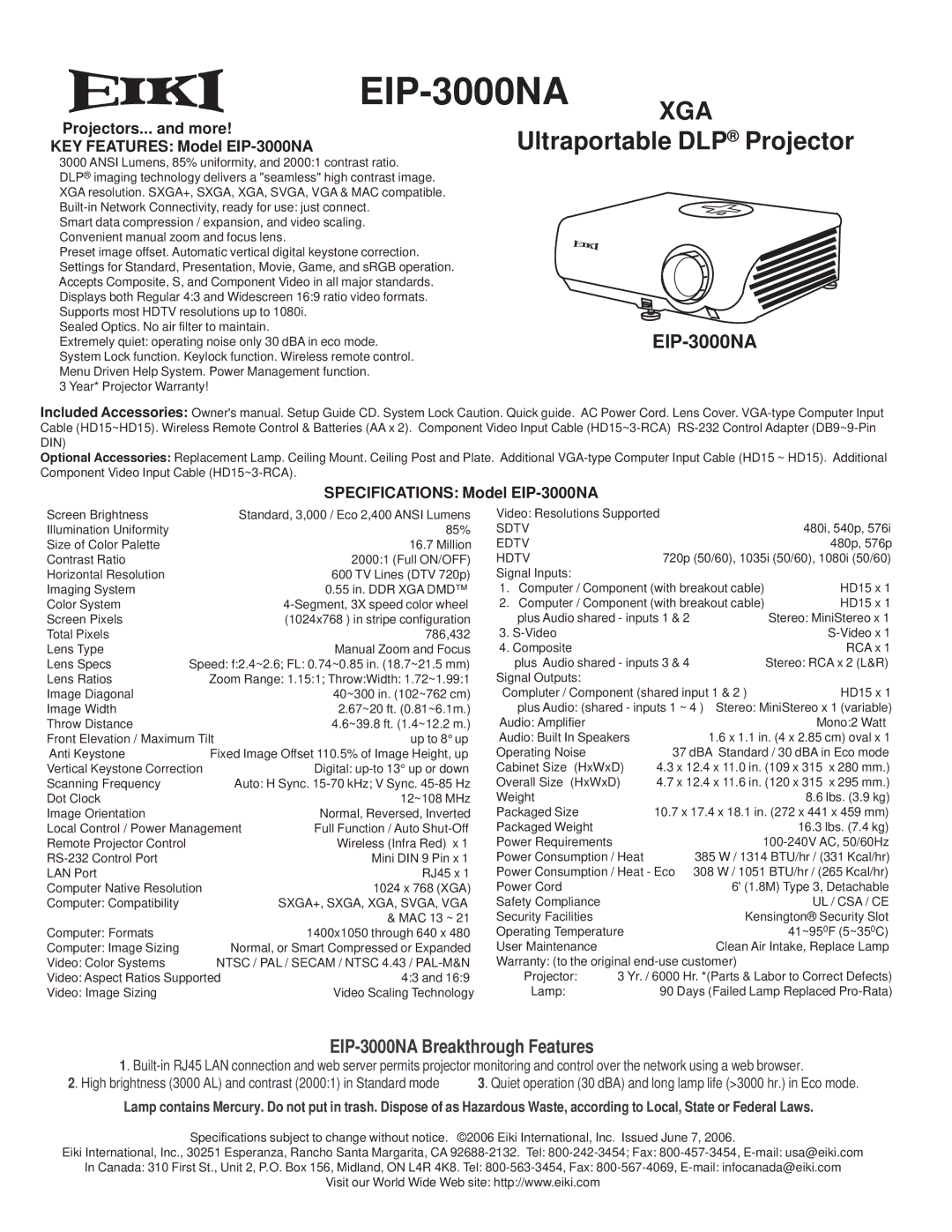 Eiki specifications Projectors... and more, KEY Features Model EIP-3000NA, Specifications Model EIP-3000NA 