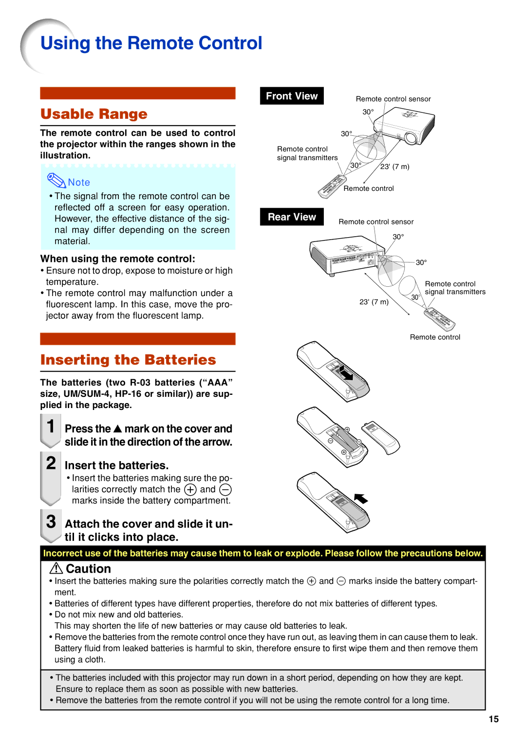 Eiki EIP-3500 owner manual Using the Remote Control, Usable Range, Inserting the Batteries, Insert the batteries 