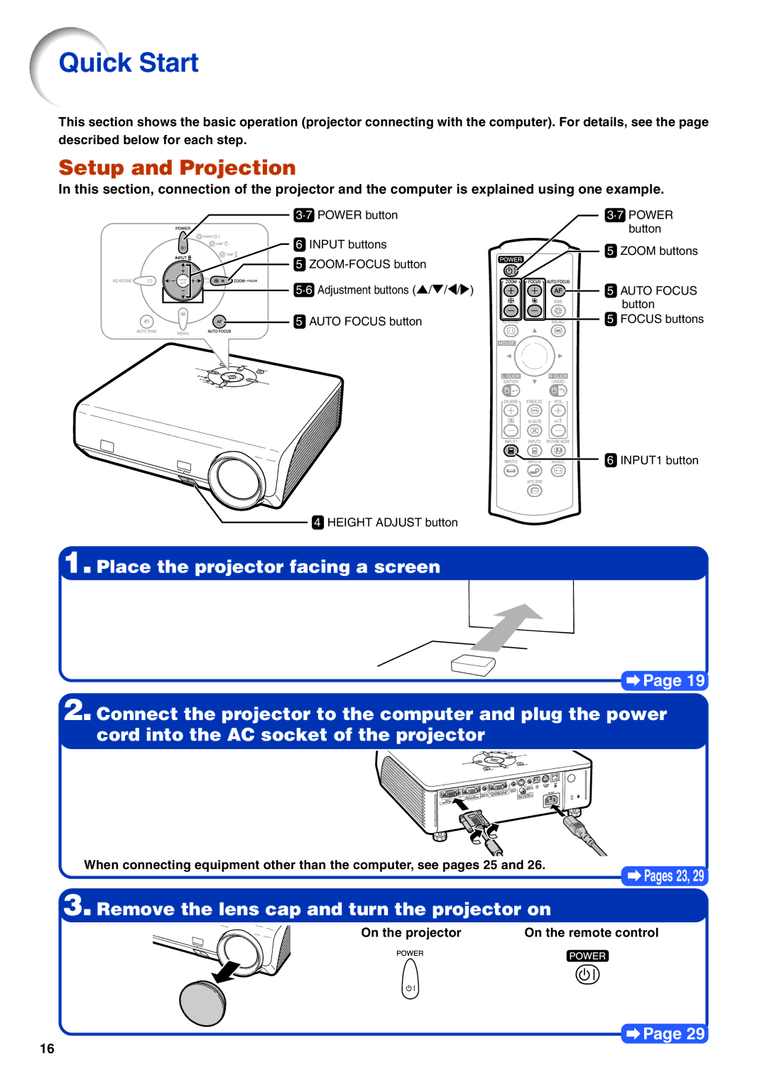 Eiki EIP-3500 owner manual Quick Start, Setup and Projection 