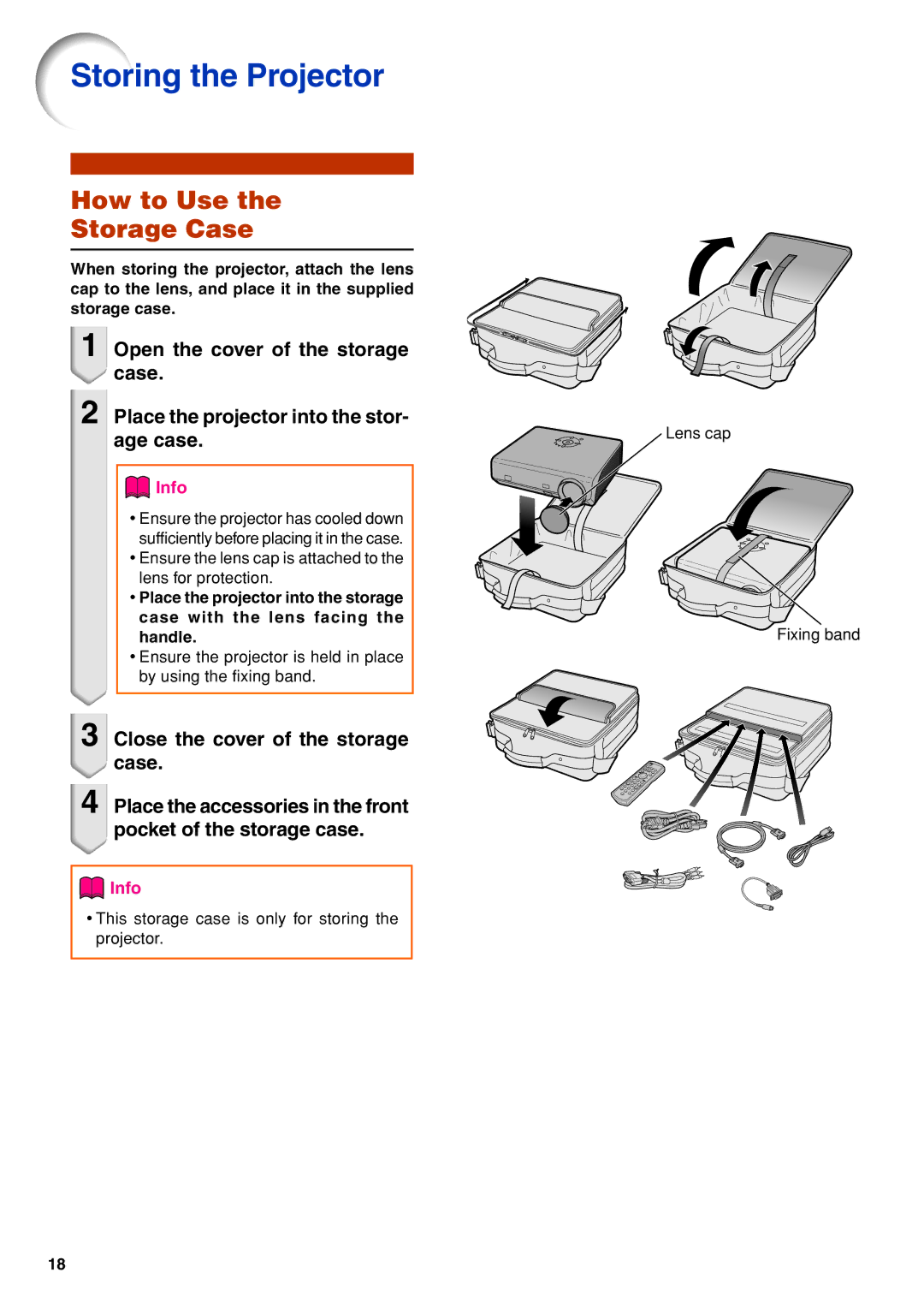 Eiki EIP-3500 owner manual Close the cover of the storage, Case, Pocket of the storage case 