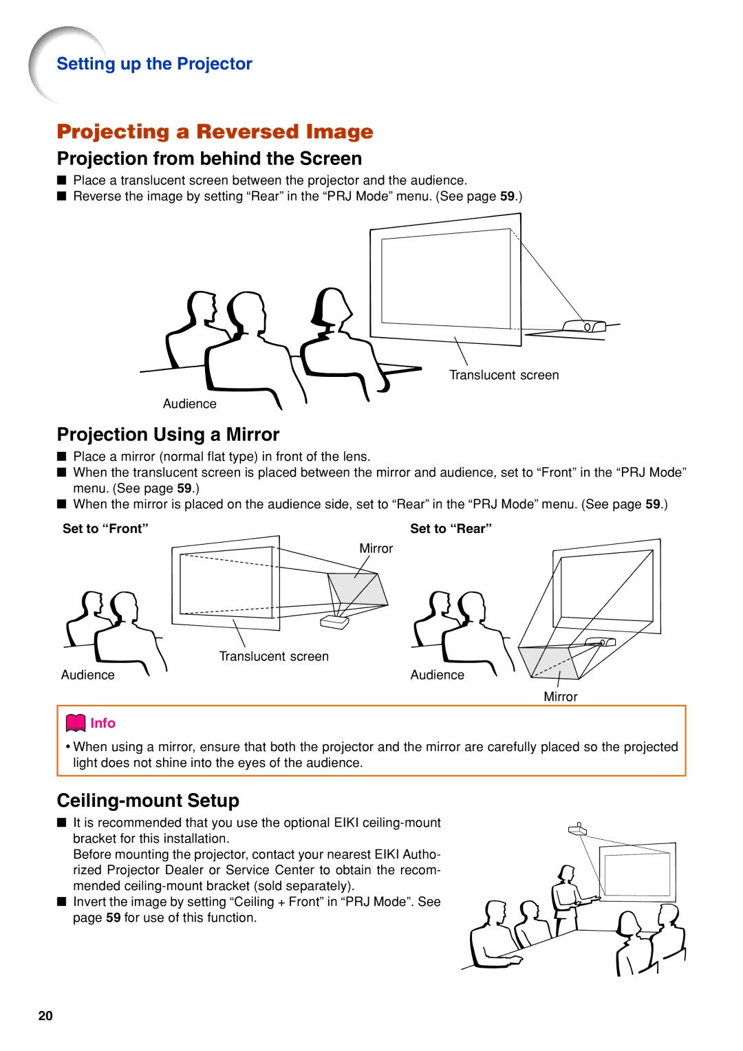 Eiki EIP-3500 owner manual Projecting a Reversed Image, Projection from behind the Screen 