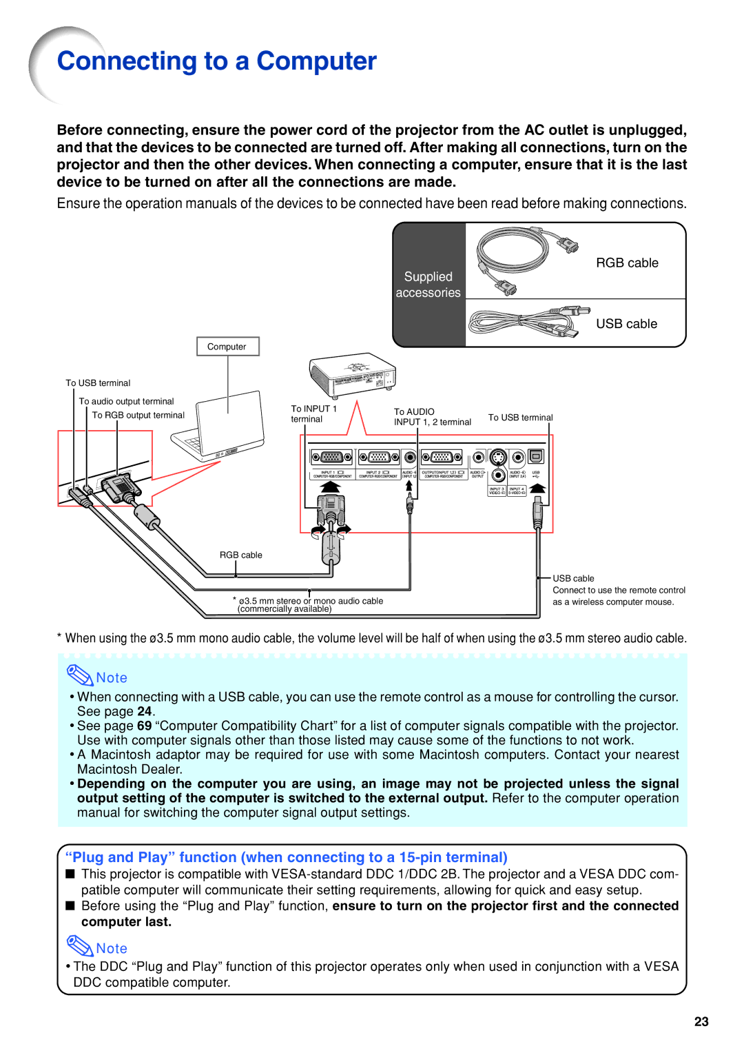 Eiki EIP-3500 owner manual Connecting to a Computer, Supplied Accessories 