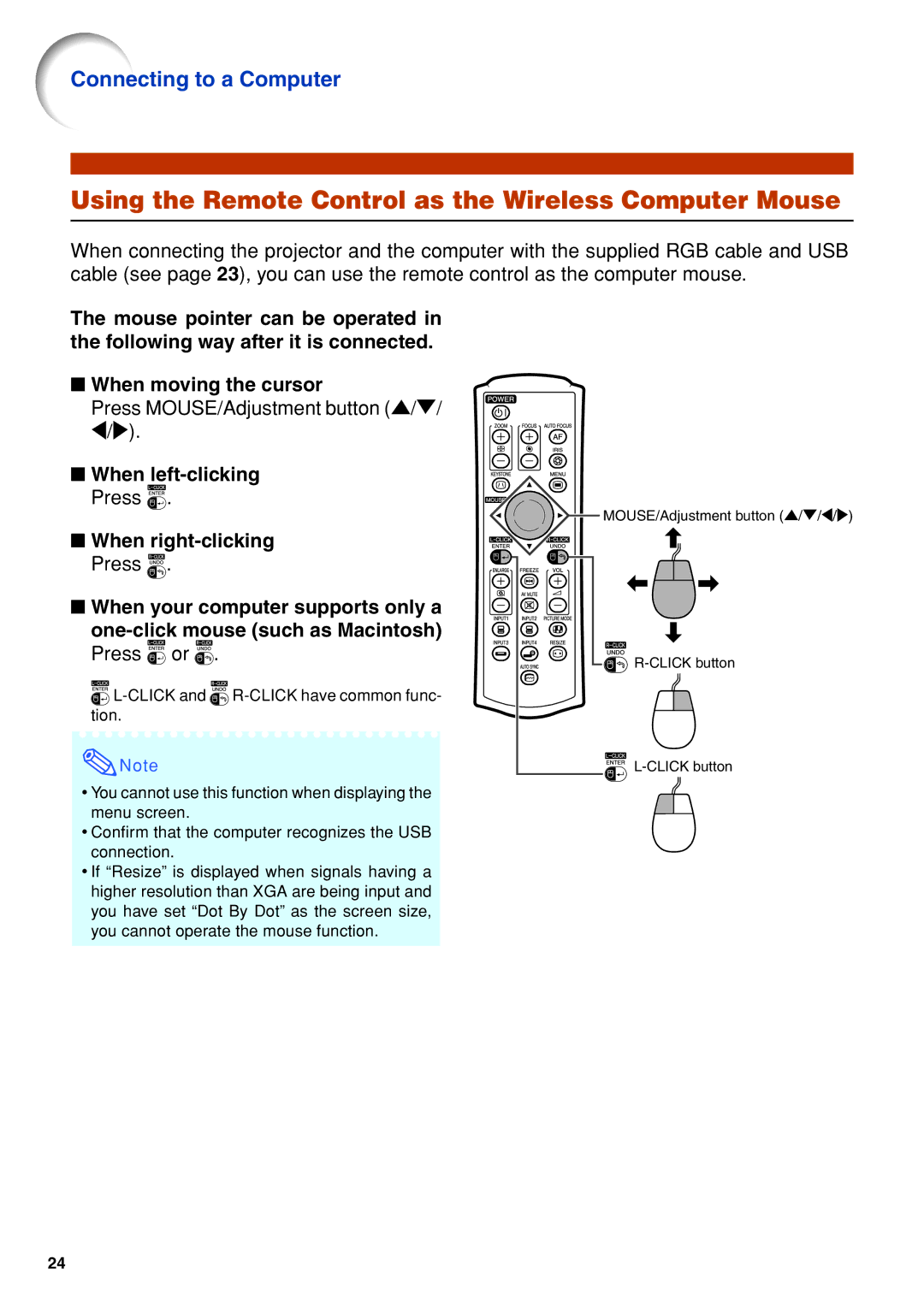 Eiki EIP-3500 owner manual Using the Remote Control as the Wireless Computer Mouse 