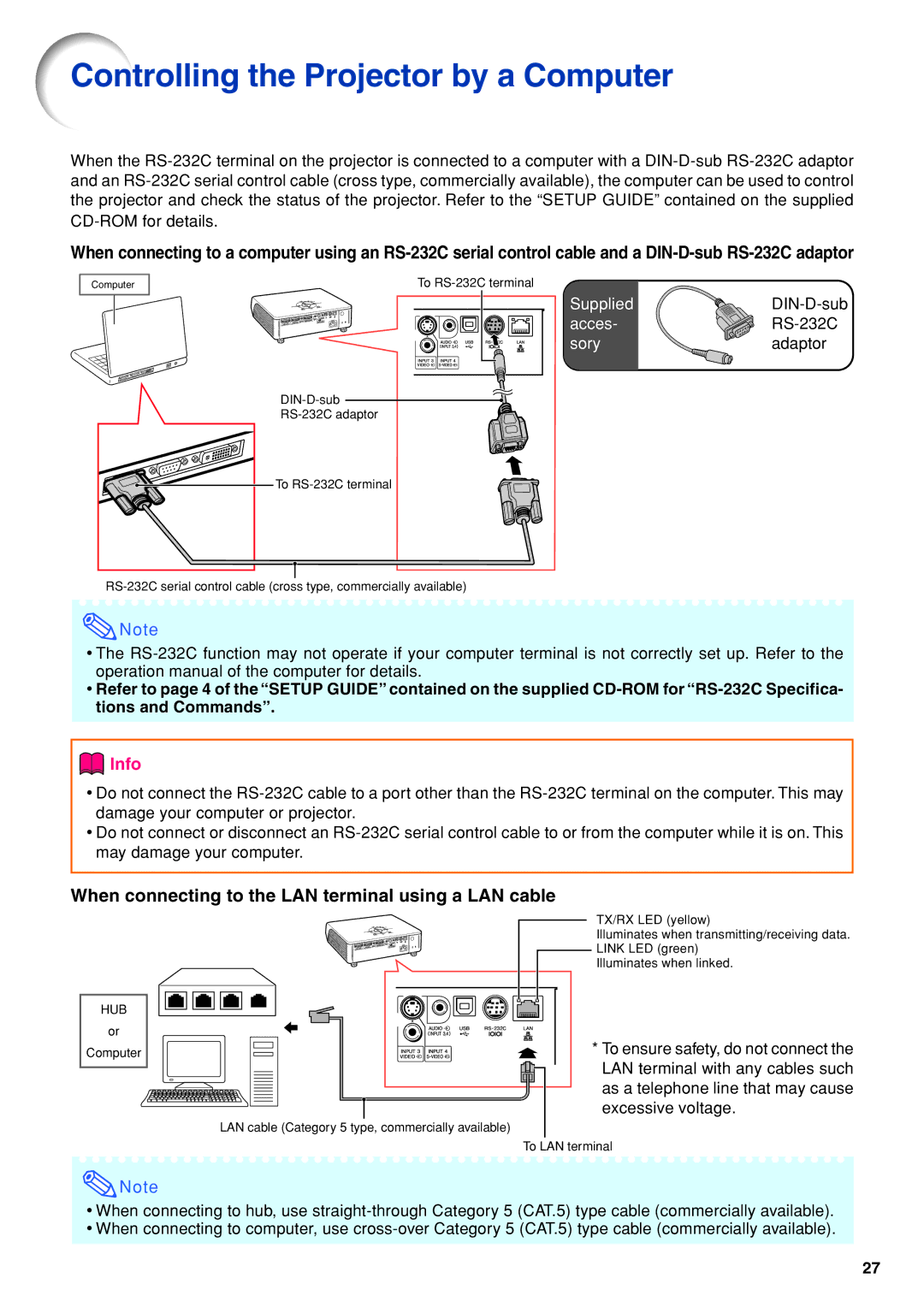 Eiki EIP-3500 owner manual Controlling the Projector by a Computer, When connecting to the LAN terminal using a LAN cable 