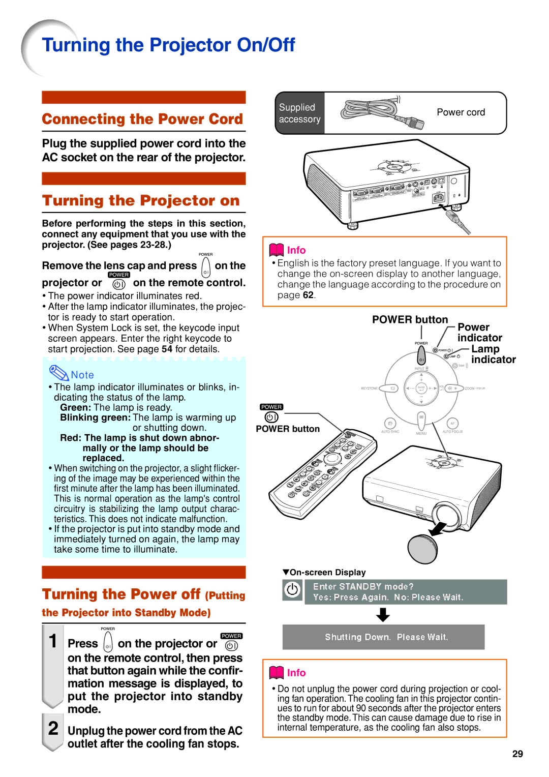 Eiki EIP-3500 owner manual Turning the Projector On/Off, Connecting the Power Cord, Turning the Projector on 