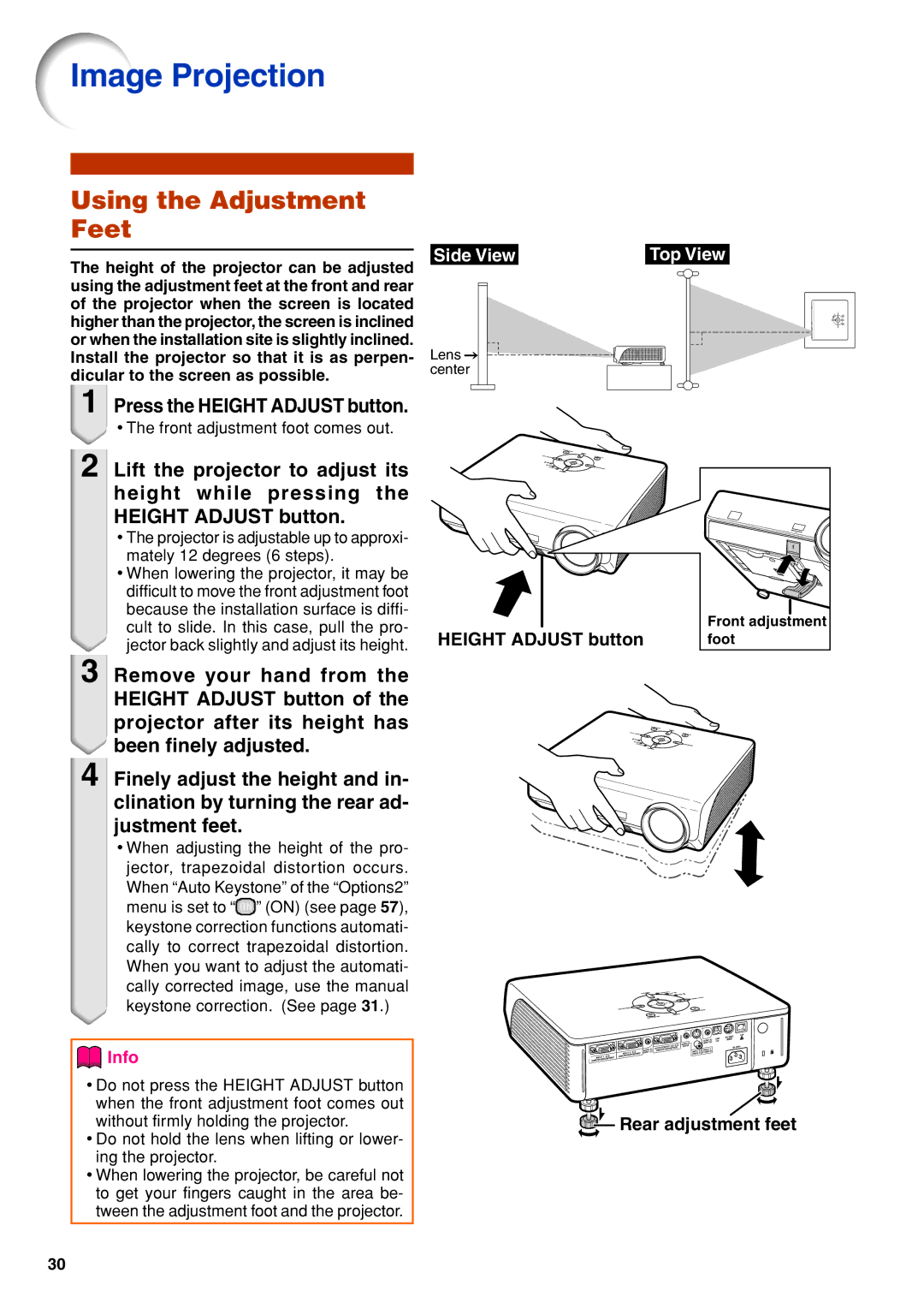 Eiki EIP-3500 owner manual Image Projection, Using the Adjustment Feet, Height Adjust button, Rear adjustment feet 