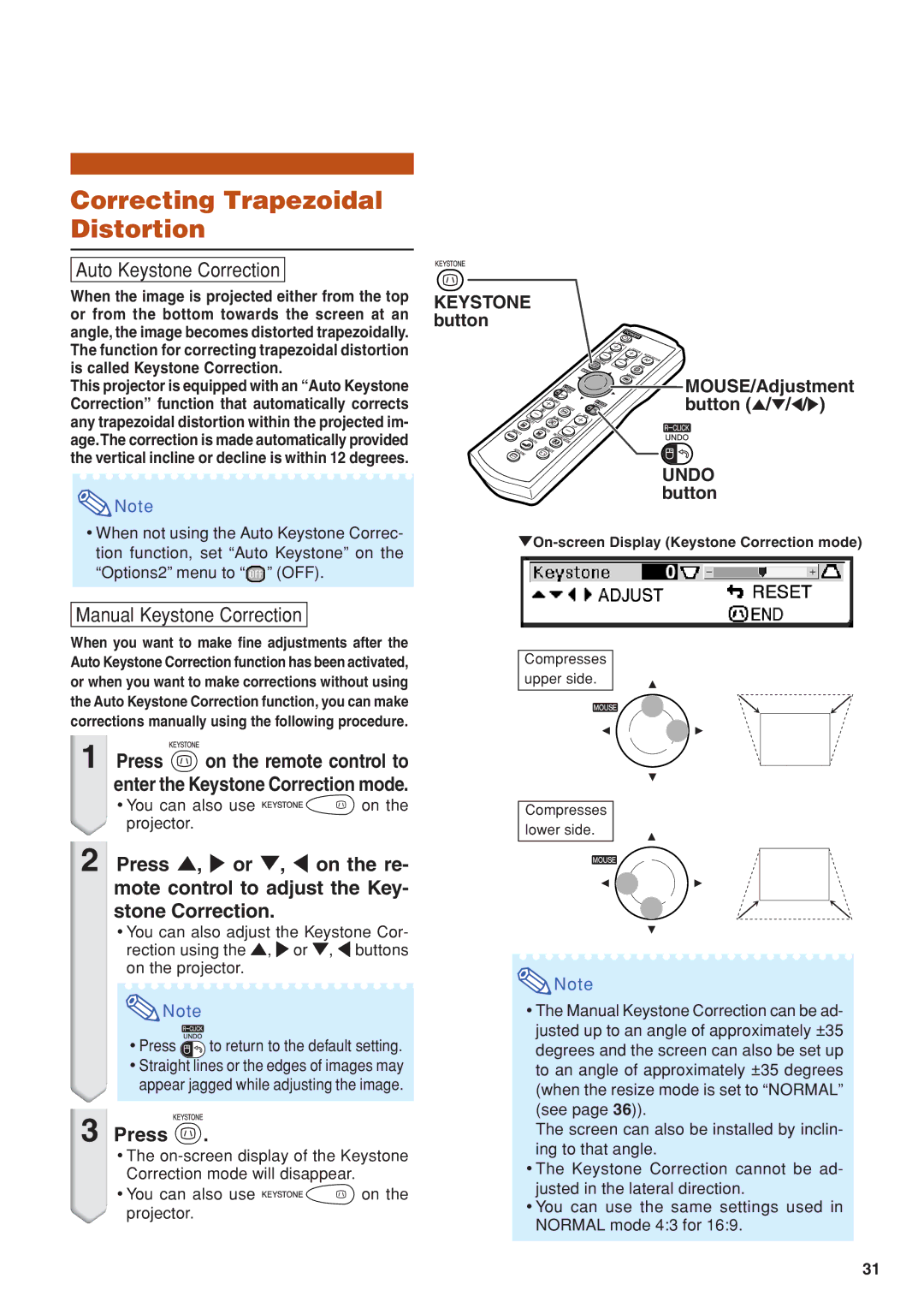 Eiki EIP-3500 owner manual Correcting Trapezoidal Distortion, Press, Keystone button, Undo button 