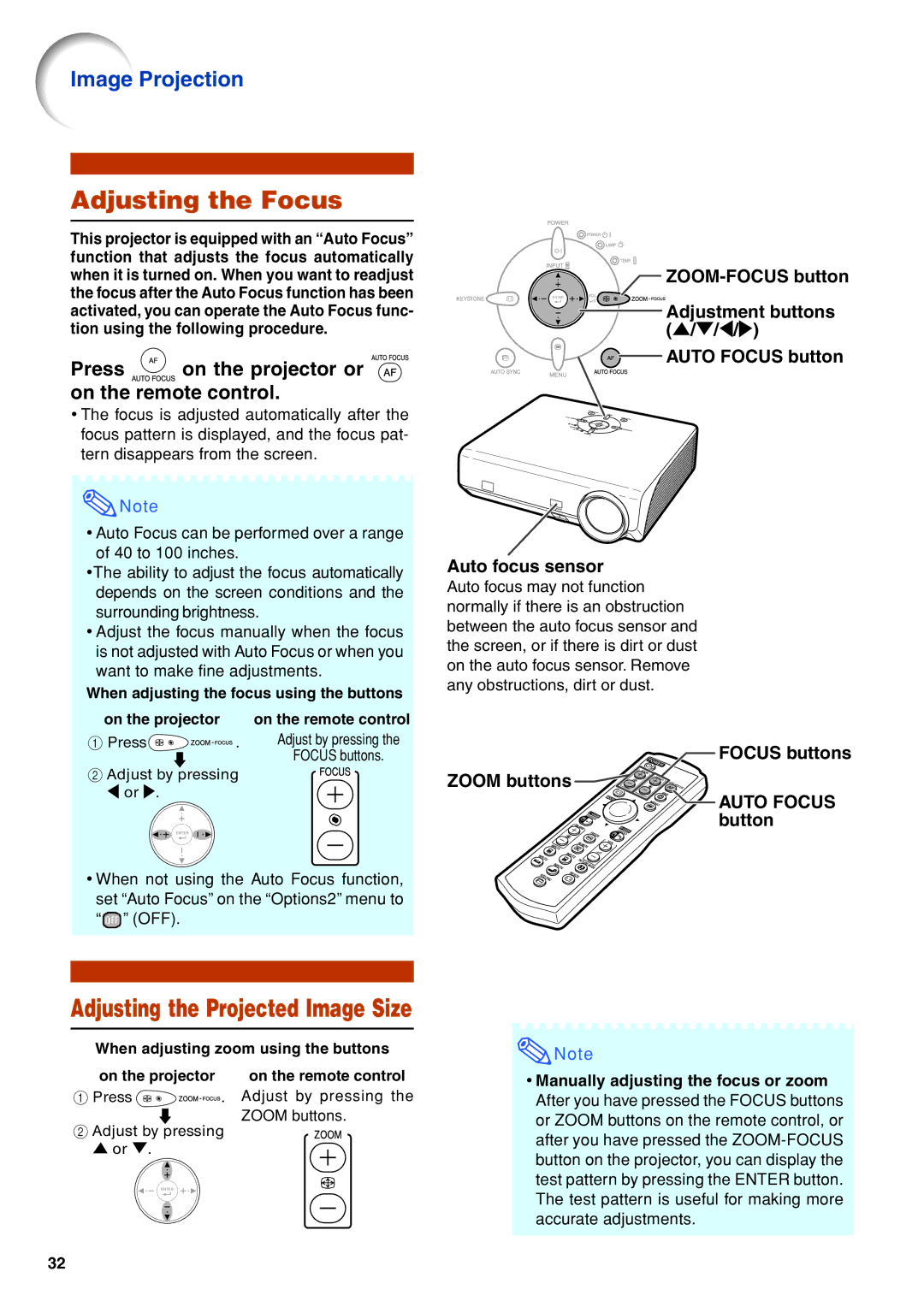 Eiki EIP-3500 Adjusting the Focus, Adjusting the Projected Image Size, Press on the projector or on the remote control 