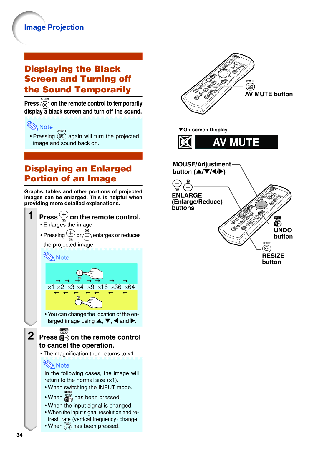 Eiki EIP-3500 owner manual Displaying an Enlarged Portion of an Image, Press on the remote control, AV Mute button 