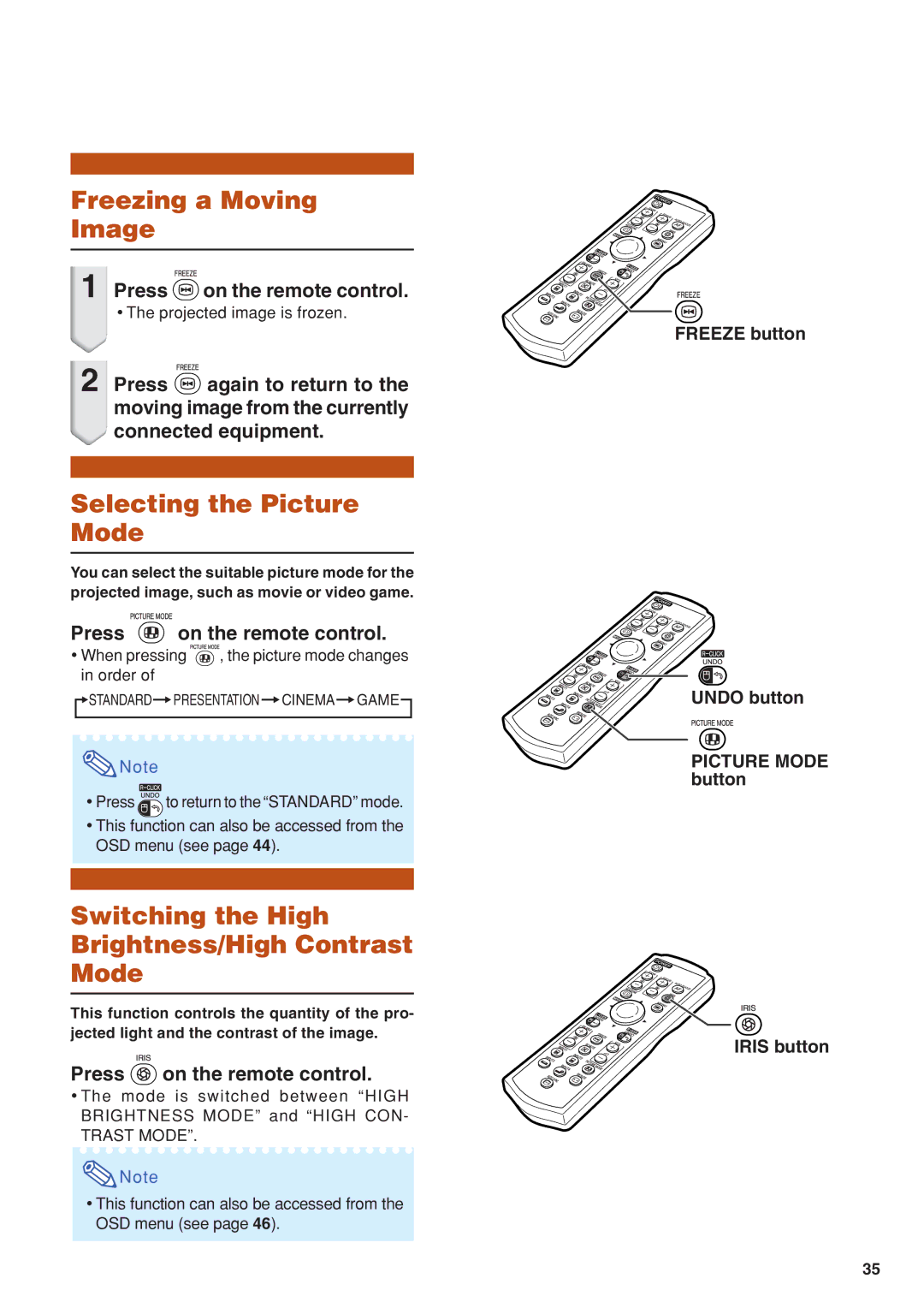 Eiki EIP-3500 Freezing a Moving Image, Selecting the Picture Mode, Switching the High Brightness/High Contrast Mode 