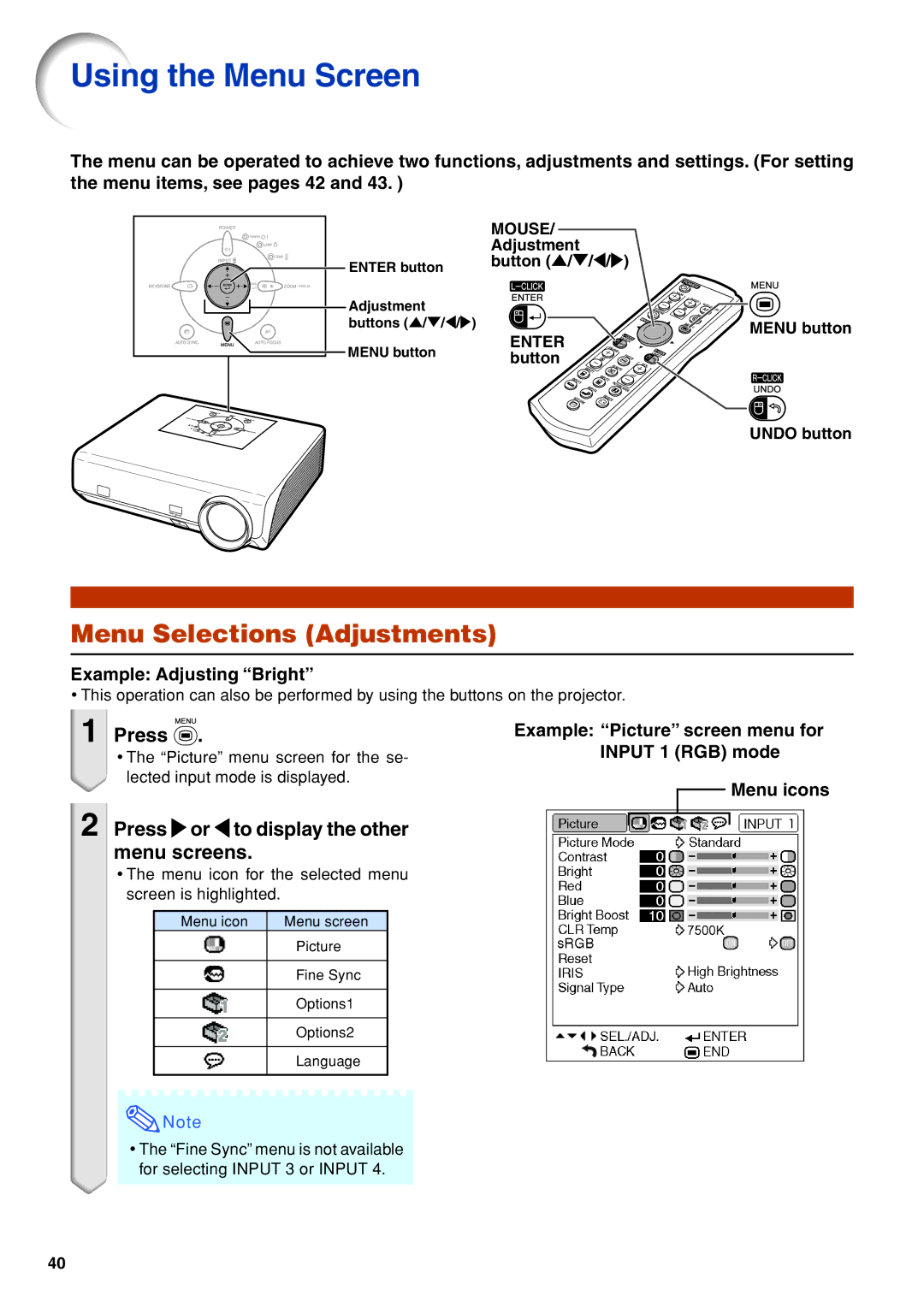 Eiki EIP-3500 owner manual Using the Menu Screen, Menu Selections Adjustments, Press or \ to display the other menu screens 