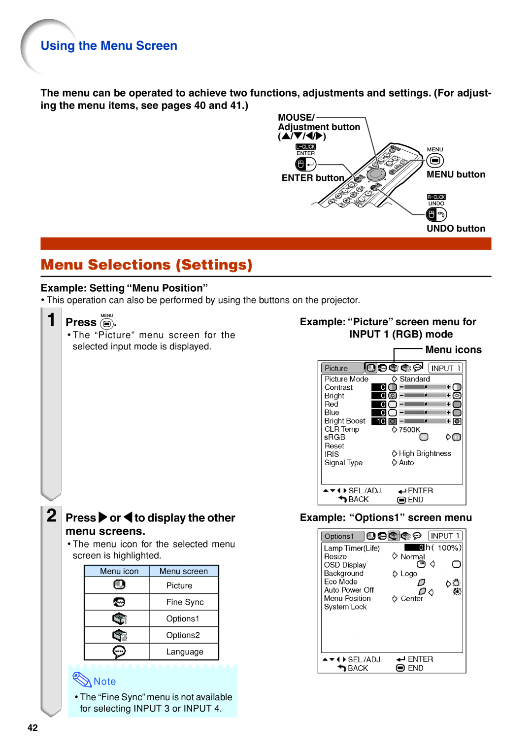 Eiki EIP-3500 owner manual Menu Selections Settings, Example Setting Menu Position 