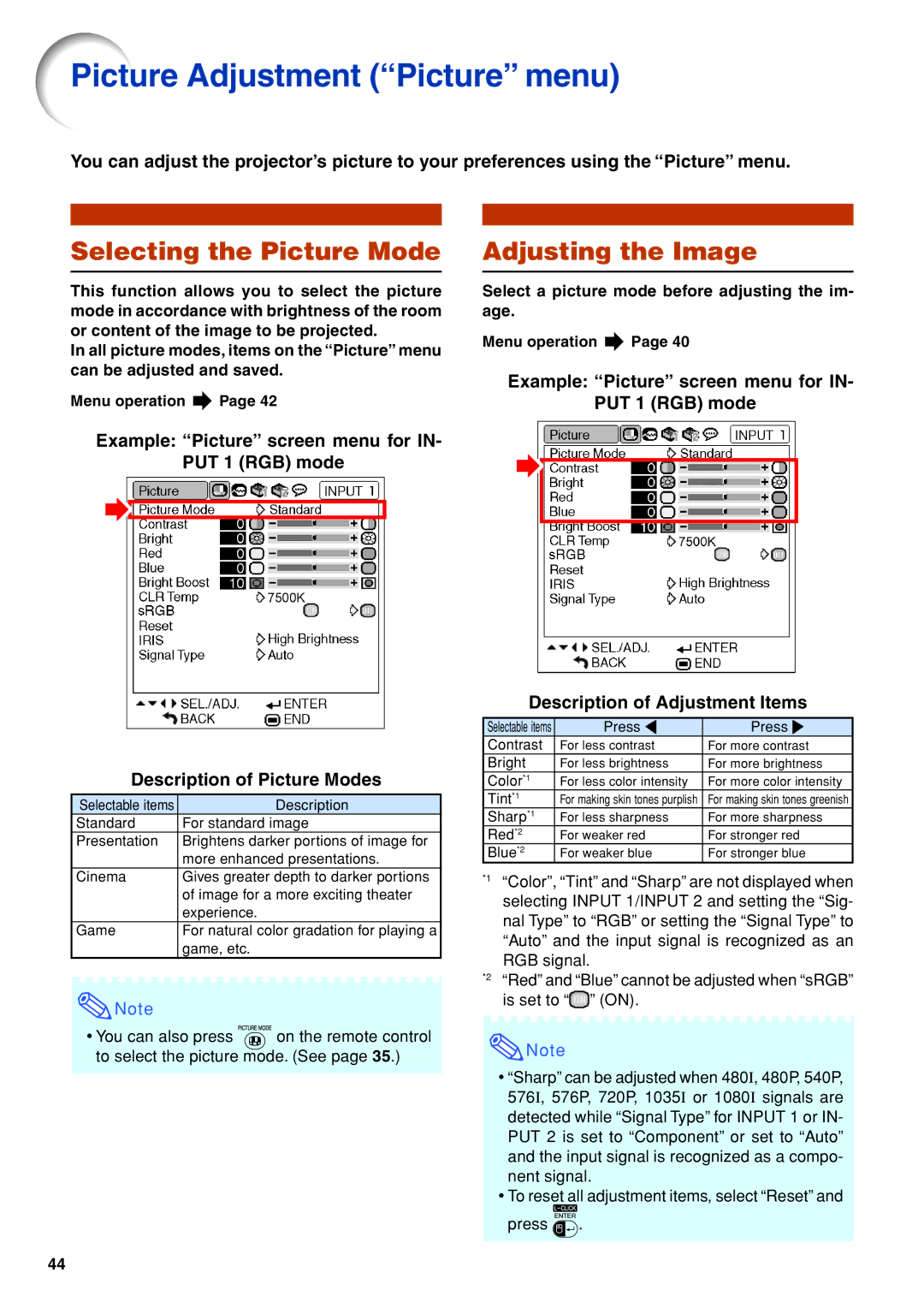 Eiki EIP-3500 owner manual Picture Adjustment Picture menu, Adjusting the Image 