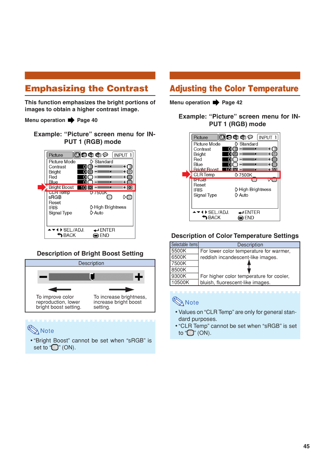 Eiki EIP-3500 owner manual Emphasizing the Contrast, Adjusting the Color Temperature 