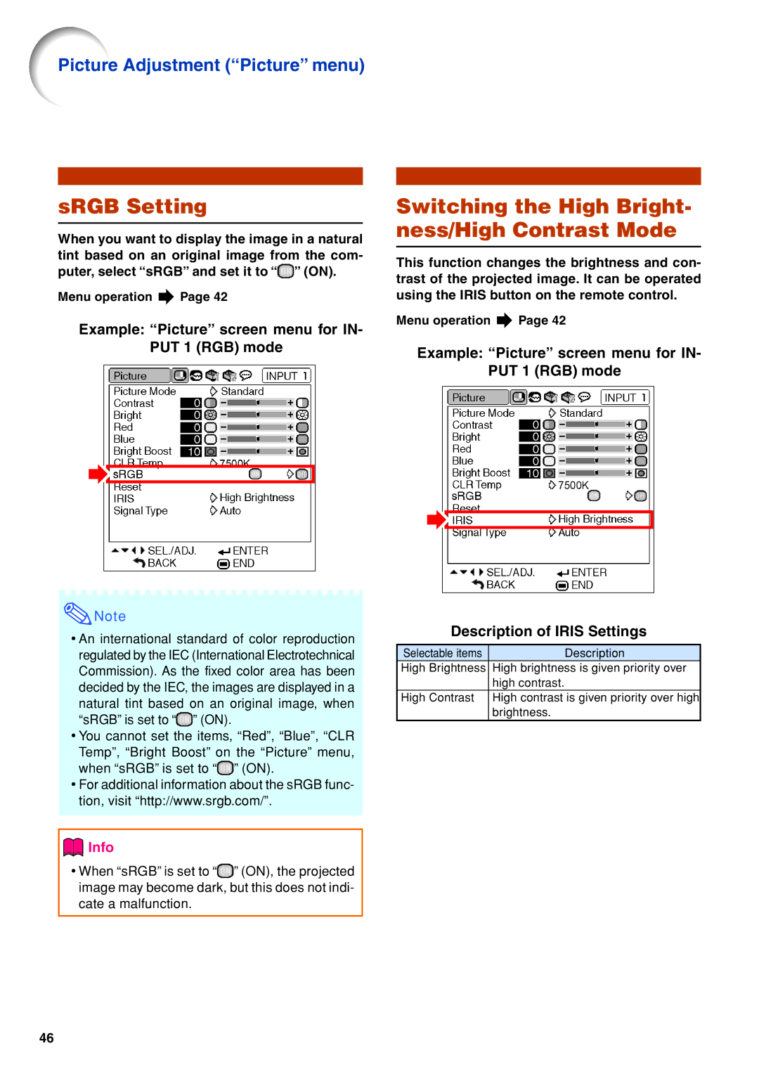 Eiki EIP-3500 owner manual SRGB Setting, Switching the High Bright- ness/High Contrast Mode, Description of Iris Settings 