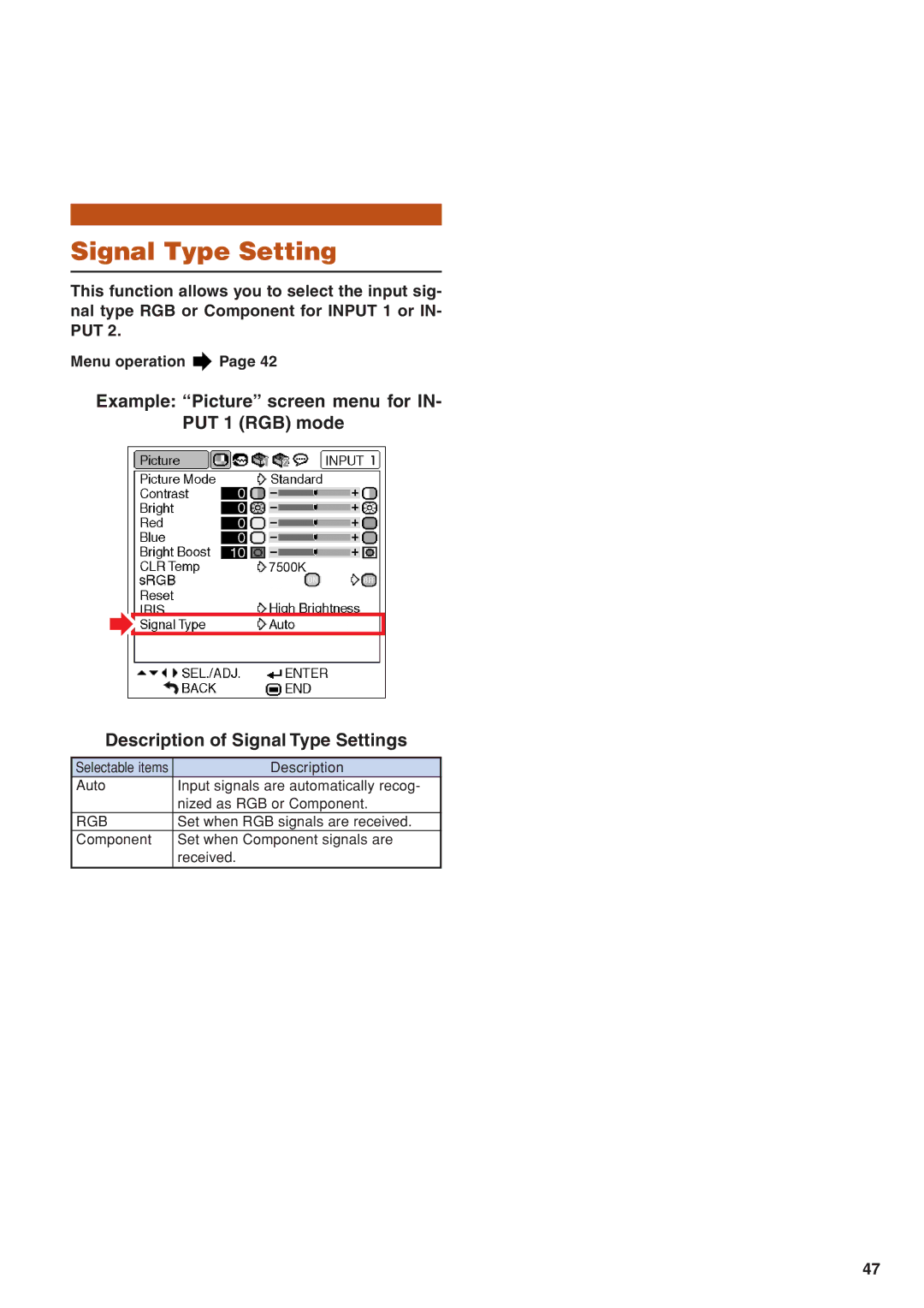 Eiki EIP-3500 owner manual Signal Type Setting, Rgb 