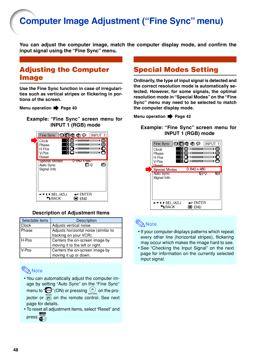 Eiki EIP-3500 owner manual Computer Image Adjustment Fine Sync menu, Adjusting the Computer Image, Special Modes Setting 