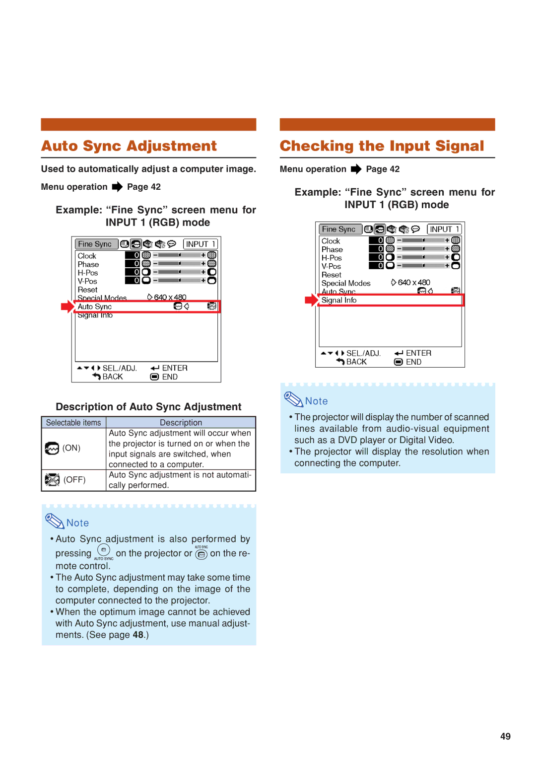 Eiki EIP-3500 owner manual Auto Sync Adjustment, Checking the Input Signal 