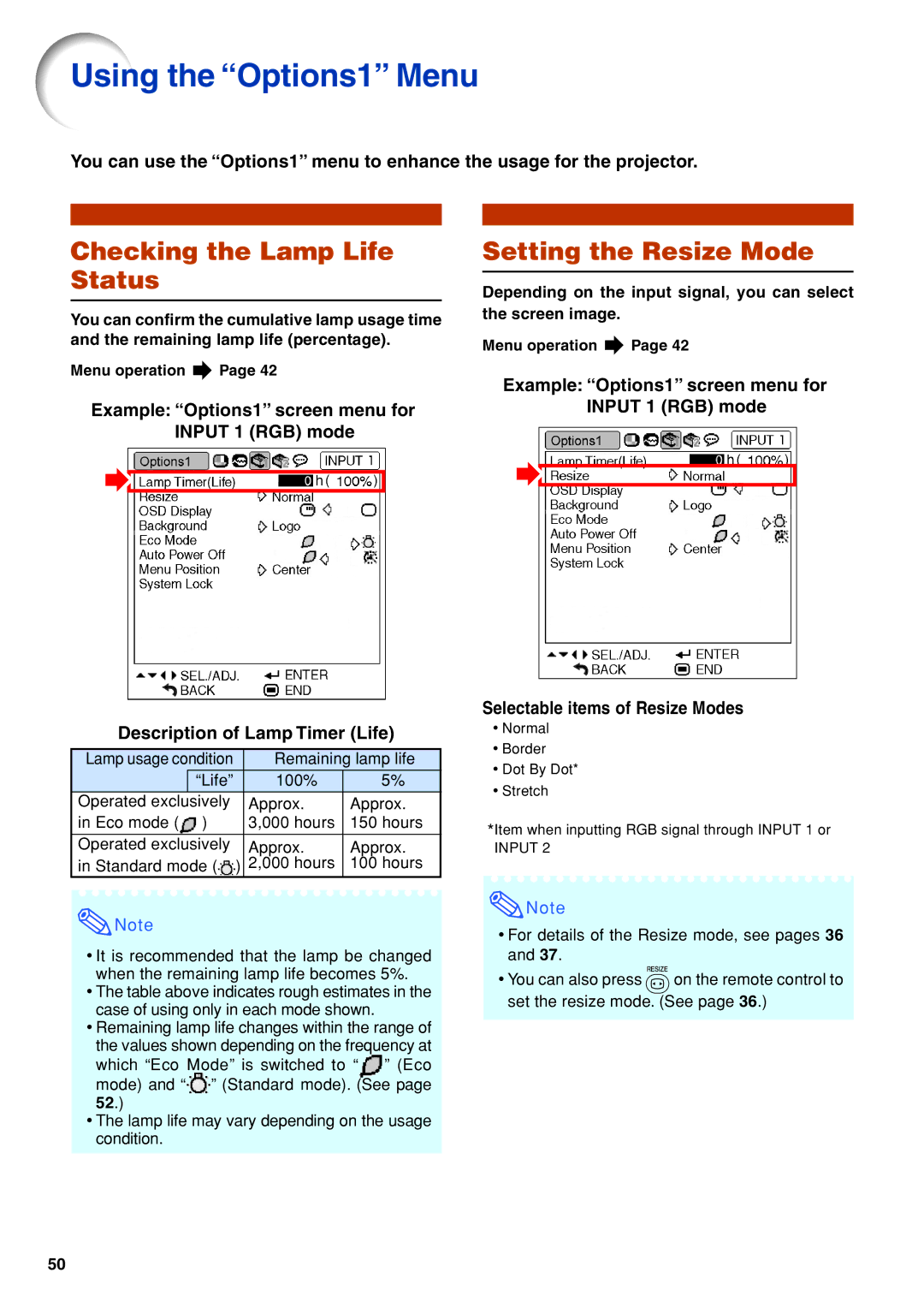 Eiki EIP-3500 owner manual Using the Options1 Menu, Checking the Lamp Life Status, Setting the Resize Mode 